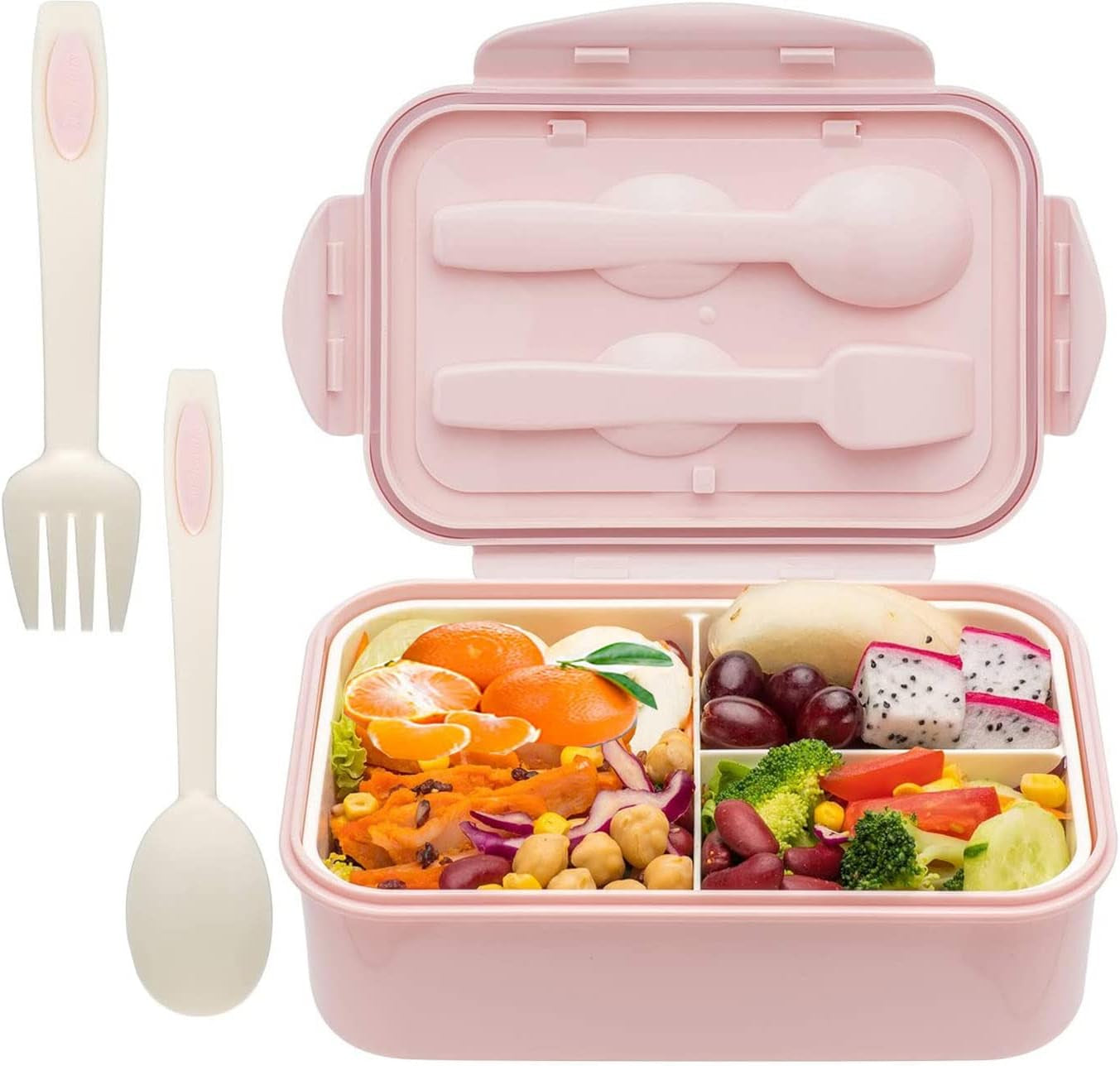 Bento Lunch Boxes for Adults and Kids - 1100 ML Capacity - Includes Spoon & Fork - Durable and Leak-Proof Design for On-The-Go Meals - Made from BPA-Free and Food-Safe Materials - Pink Color.