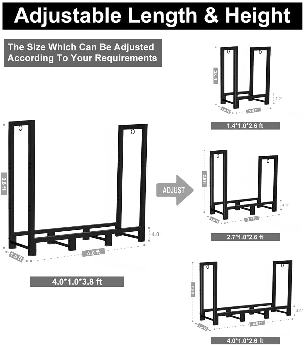 4-Foot Outdoor Firewood Rack Holder - Designed for Fireplace Wood Storage, this Adjustable Fire Log Stacker Stand Black