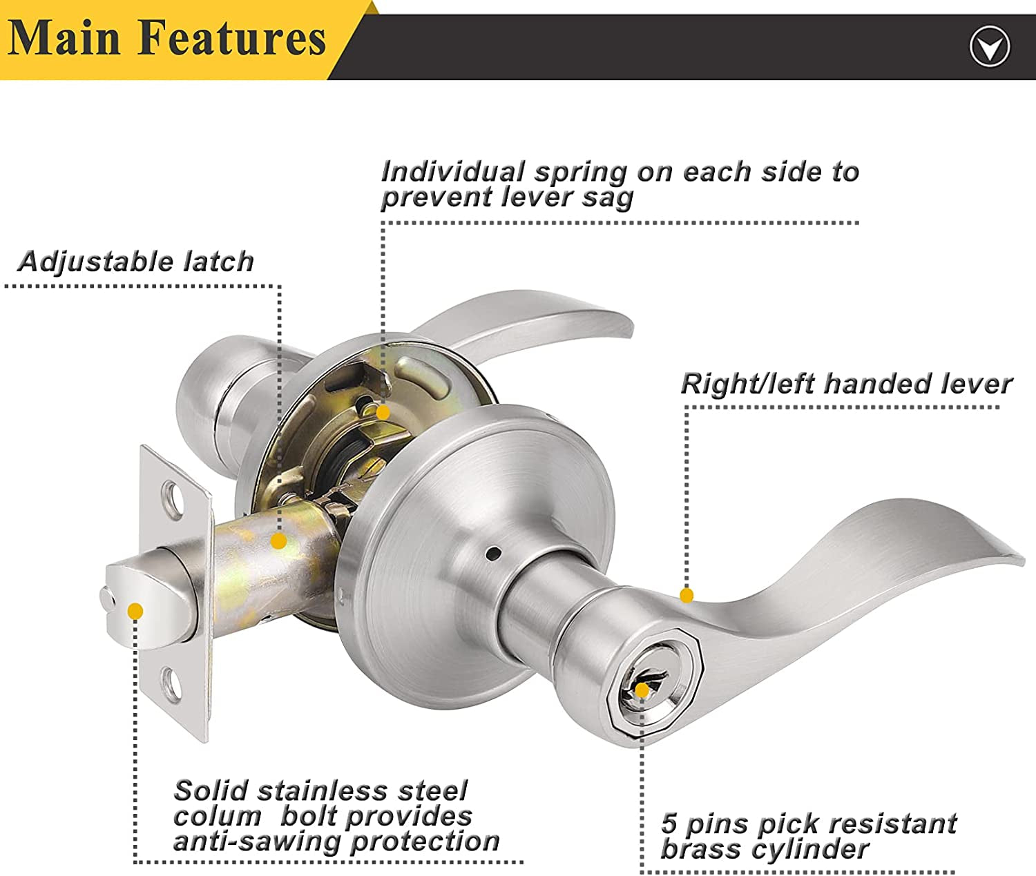Wave Style Lever Handles for Entrance Door Knobs - Entry Door Locks in a Brushed Nickel Finish.