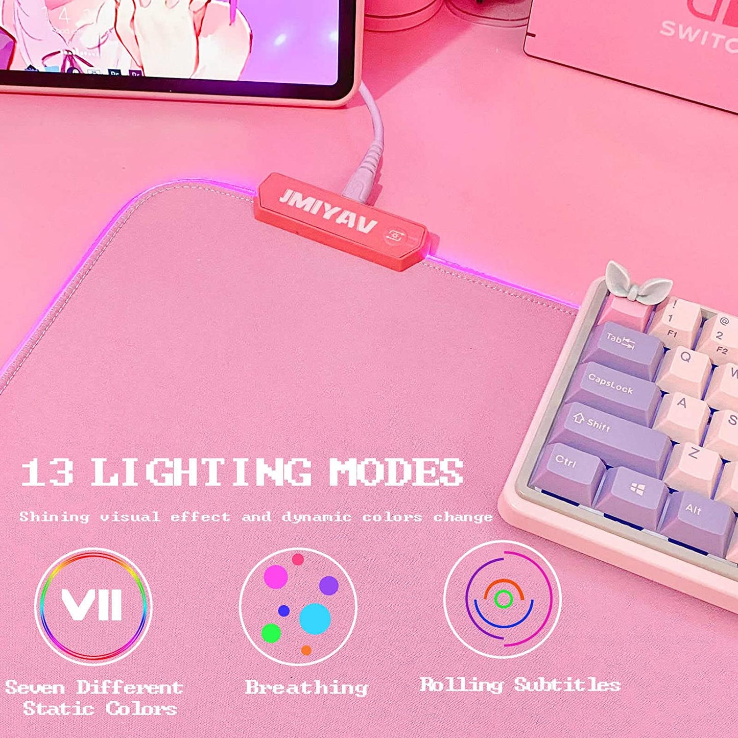 Pink RGB Gaming Mouse Pad - 31.5X12 Inch, XL Extended Size, Glowing LED Light, Non-Slip Rubber Base, Cute Design 