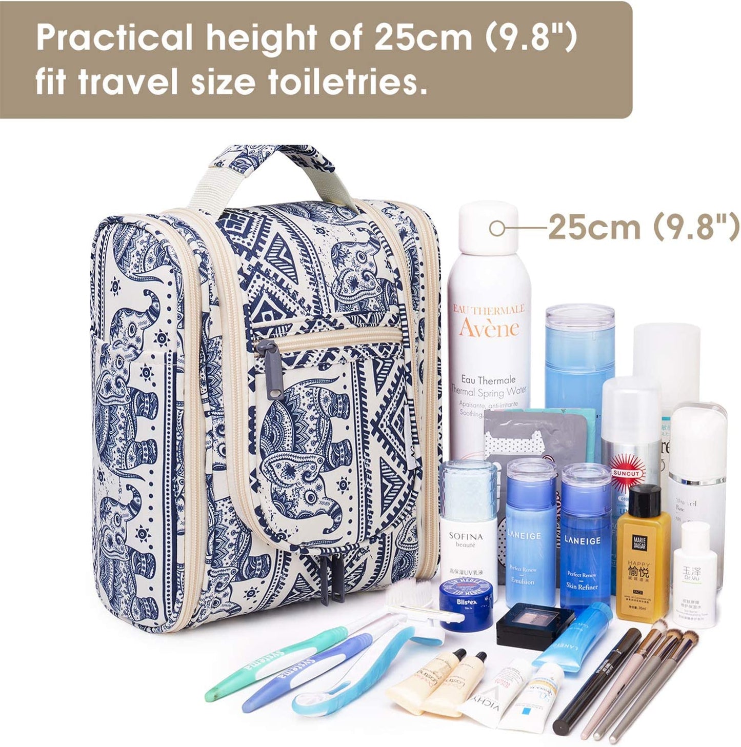 Hanging Travel Toiletry Bag: A Medium-sized Cosmetic and Makeup Organizer Medium Elephant Print