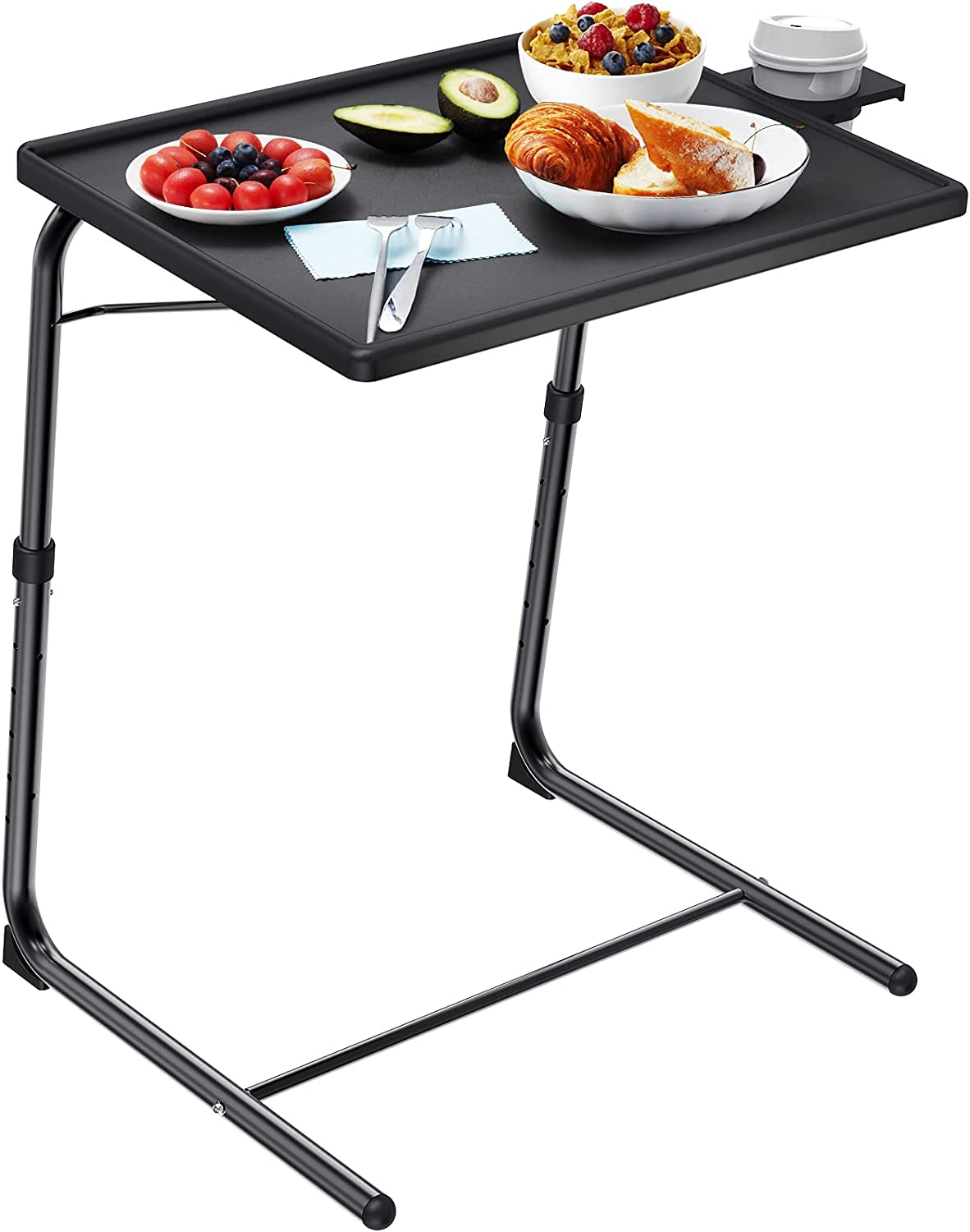 Adjustable TV Tray Table: Perfect for TV Dinners in Bed or on the Sofa. It's a Comfortable Folding Table with 6 Height and 3 Tilt Angle Adjustments, and it includes a Built-in Cup Holder. Pack of 1 in Black 