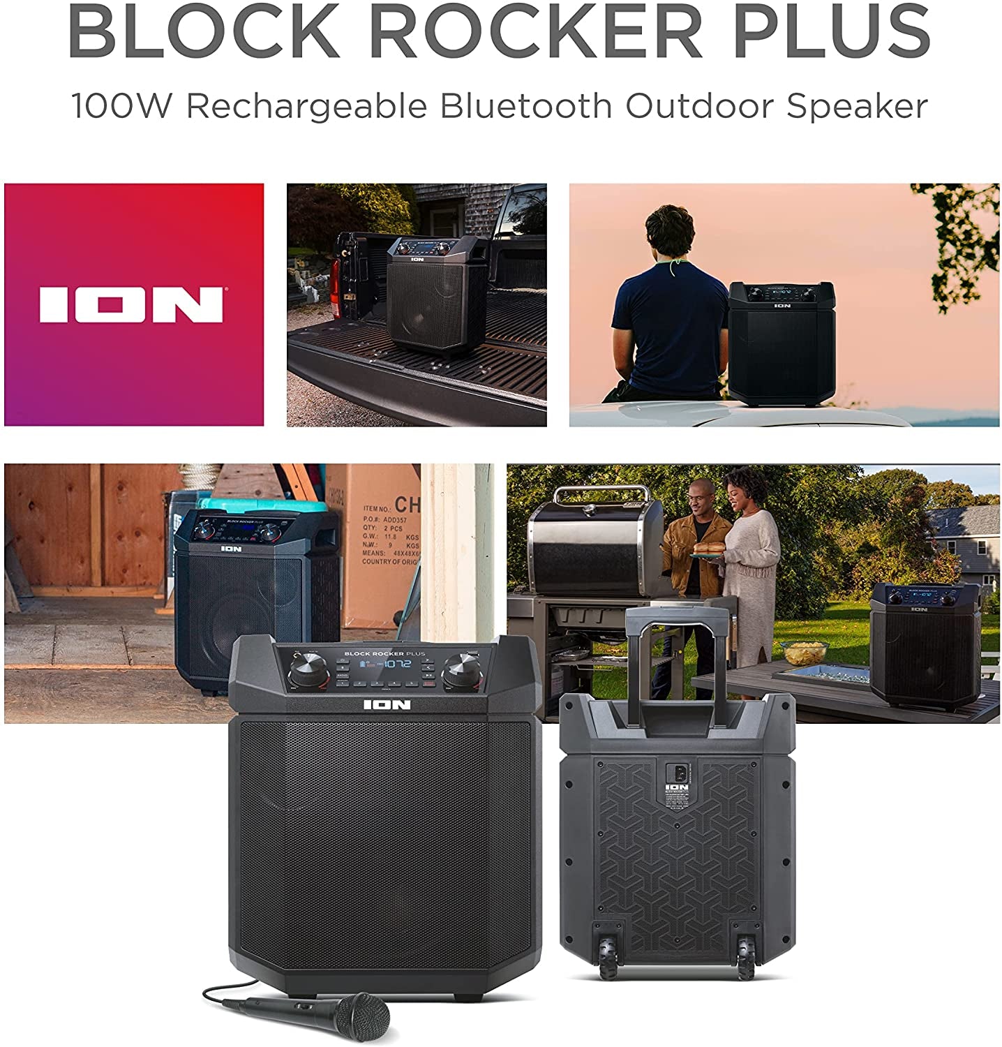 Audio Block Rocker Plus-Portable Bluetooth Speaker 100W W/Battery, Karaoke Microphone, AM FM Radio, Wheels & Telescopic Handle and USB Charging, Black