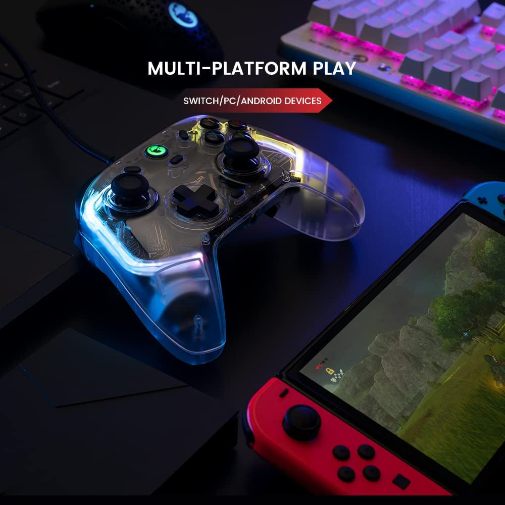 Kaleid Transparent T4 PC Controller - Wired Gaming Controller for PC, Switch, and Android TV Box. Plug and Play Gamepad Joystick featuring Hall Effect Sticks, Analog Triggers, 3.5mm Audio Jack, and 2 Back Buttons.