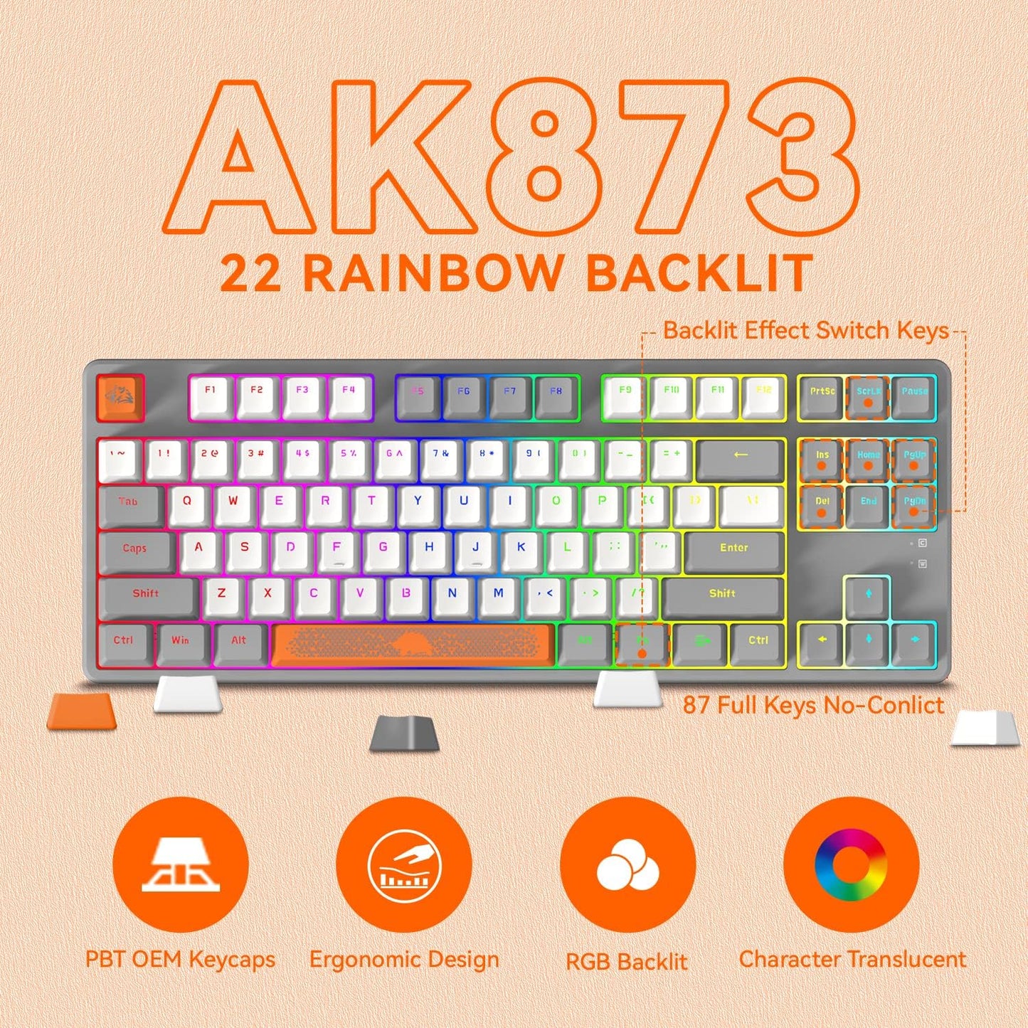 AK873 75% Wired Gaming Keyboard - Hot-Swap Blue Switch, PBT Keycaps, Rainbow LED Backlighting. TKL Ergonomic Mechanical Keyboard with Custom Coiled USB-C Cable for PC, Mac, PS4, Xbox Gamers Grey White