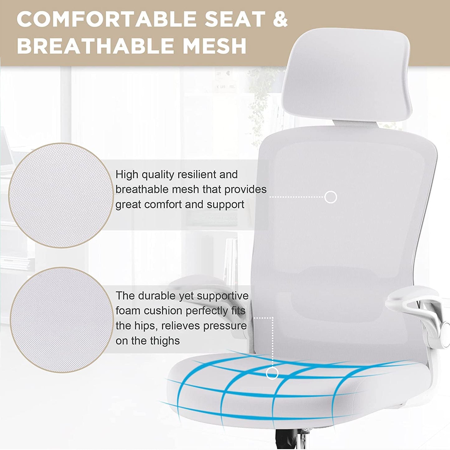 High Back Ergonomic Office Chair with Adjustable Lumbar Support, Headrest, and Swivel Function - Flip-up Armrests for Enhanced Comfort - 5 Year Warranty - Modern Ivory White Design