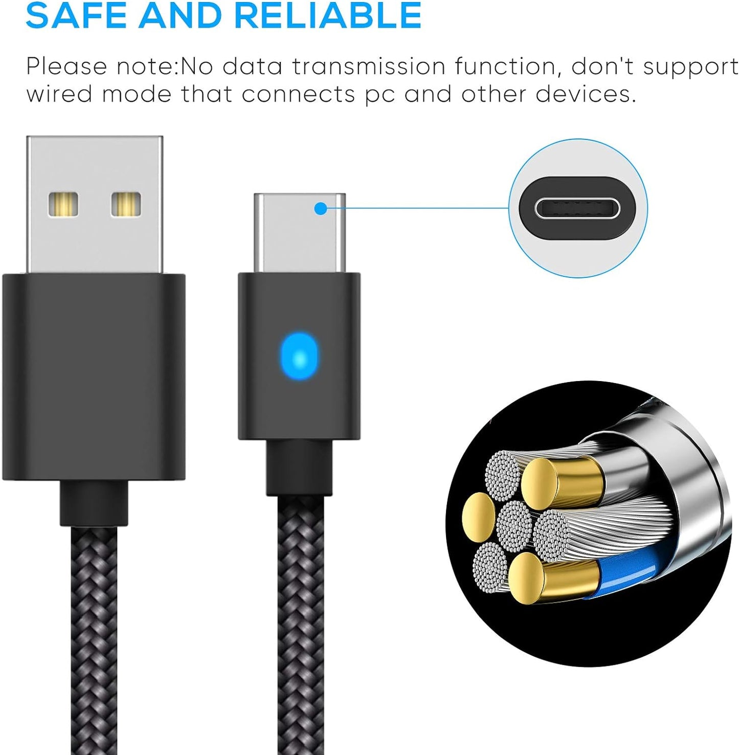 10FT Fast Charging Cable with LED Indicator - Compatible with PS5 DualSense Controller, Xbox Series X/S, Switch Pro Controller, and Phones - Nylon Braided Type-C Ports Replacement