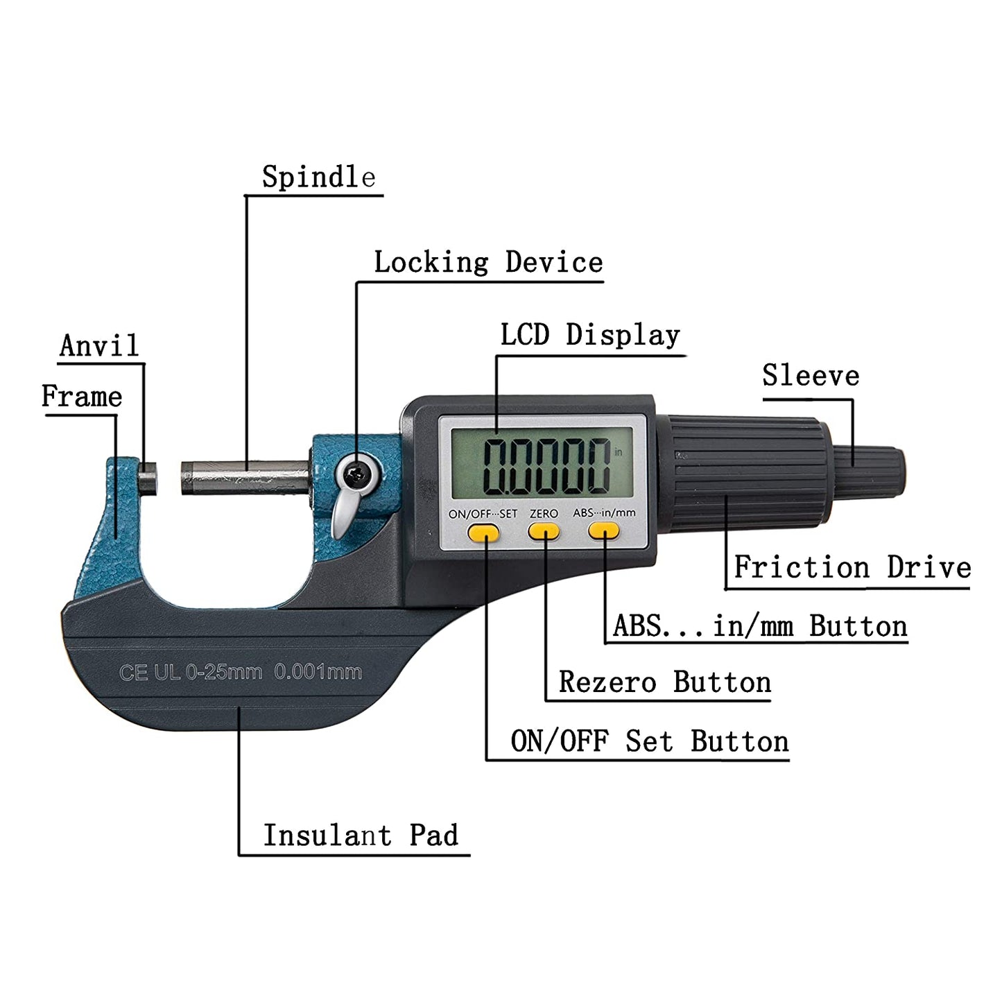  Digital Electronic Micrometer with Extra Battery - 0-1" / 0-25mm Gauge - 0.00004" / 0.001mm Thickness Measuring Tool (Inch/Metric)