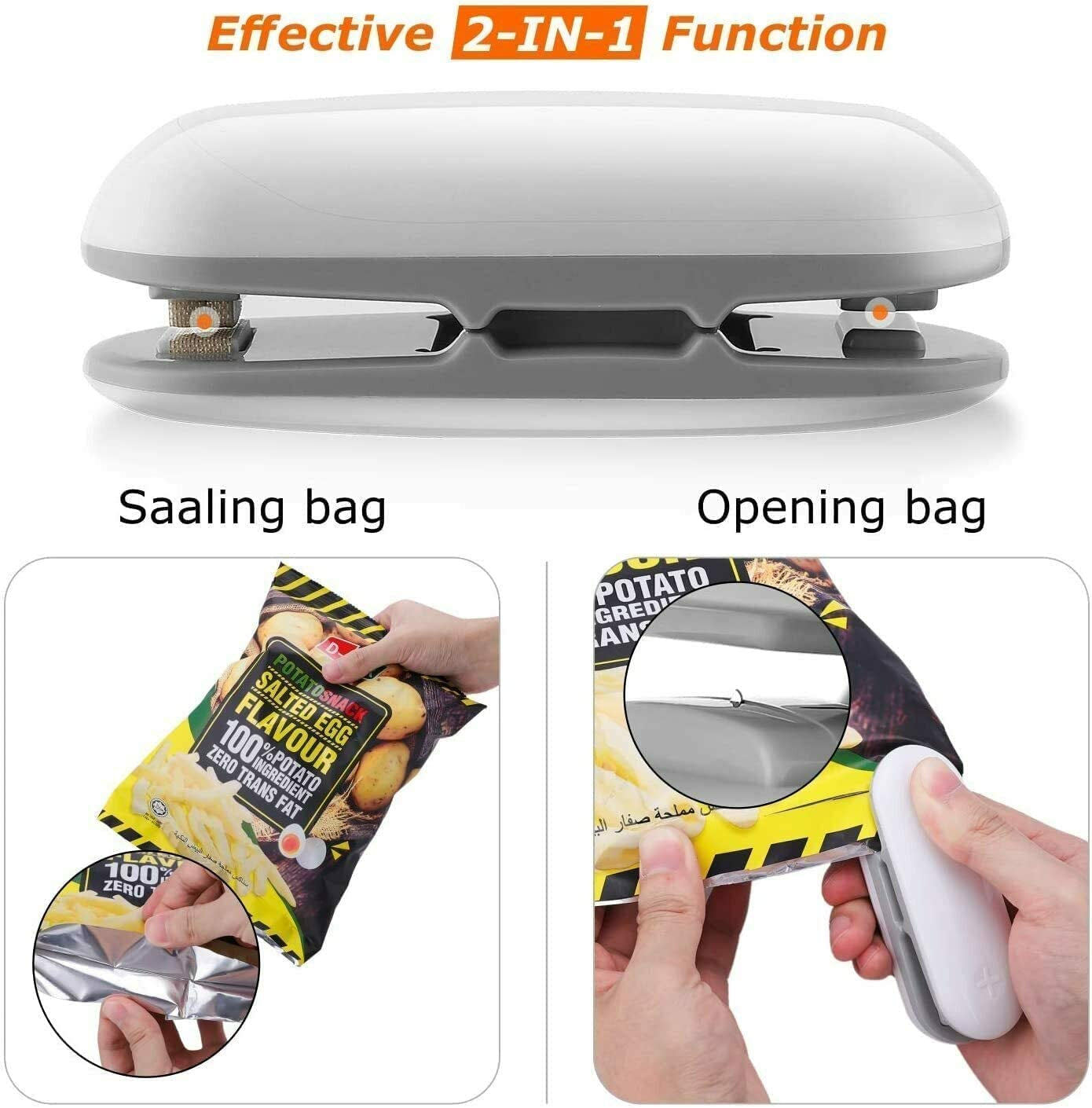 Mini Bag Sealer: Portable 2-in-1 Heat Vacuum Sealers with Plastic Chip Seal and Cutter Function, Comes in a Pack of 2 in White 