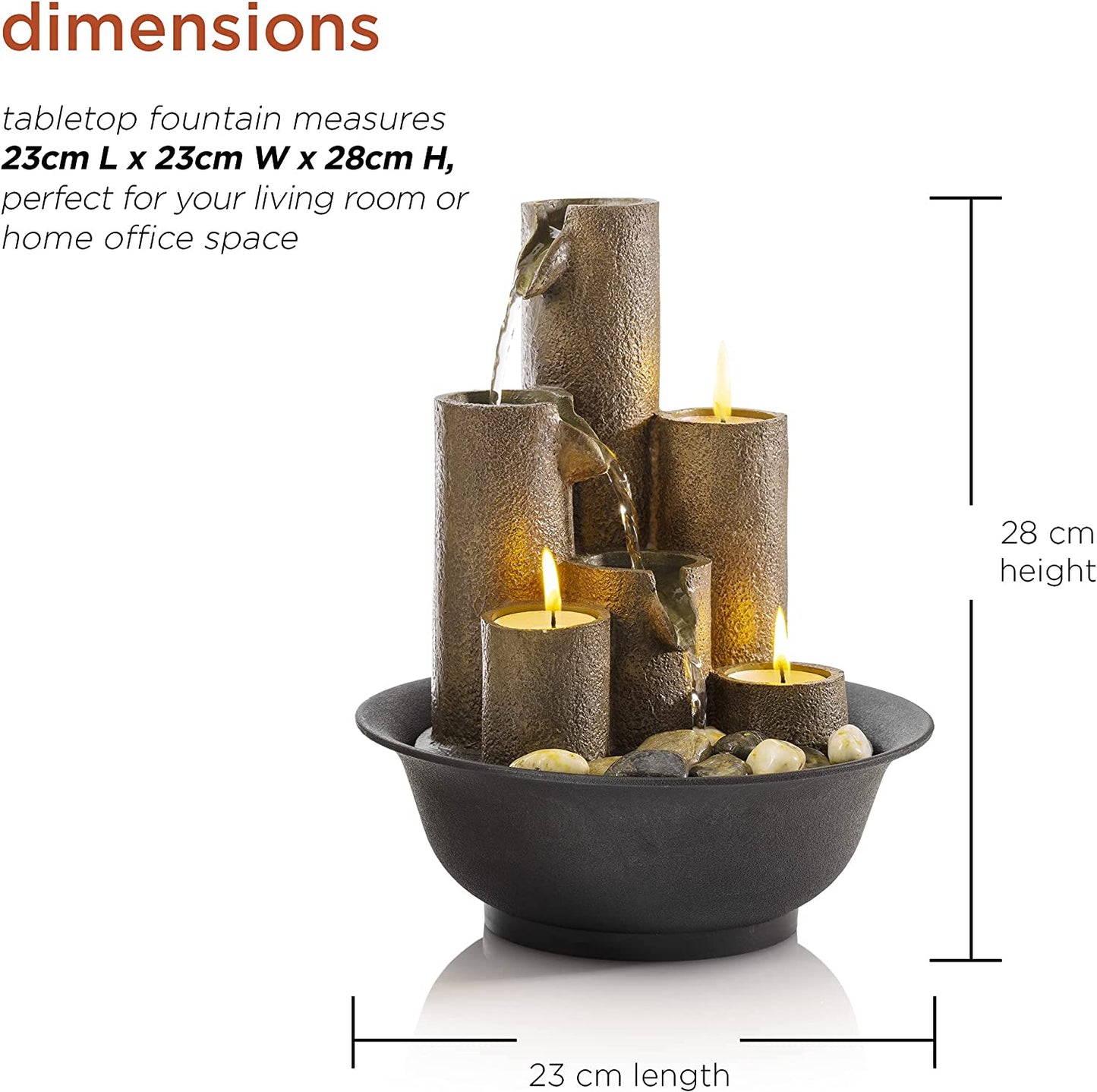 Tiered Column Tabletop Fountain with Three Candles, 11 Inches Tall in Brown