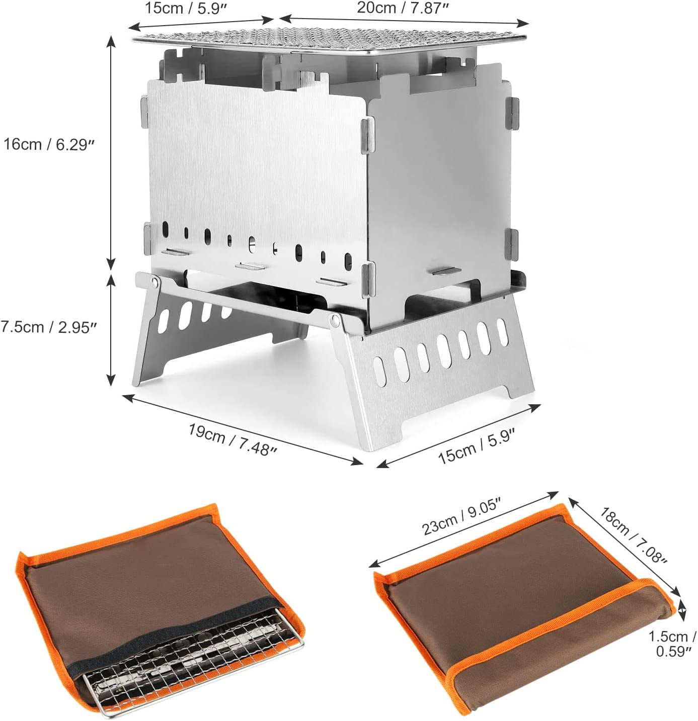 Portable Camping Campfire Grill Pit Stove, Foldable Stainless Steel Camping Backpacking Wood Stove with Grill Gate and Carrying Bag for Outdoor Cooking 