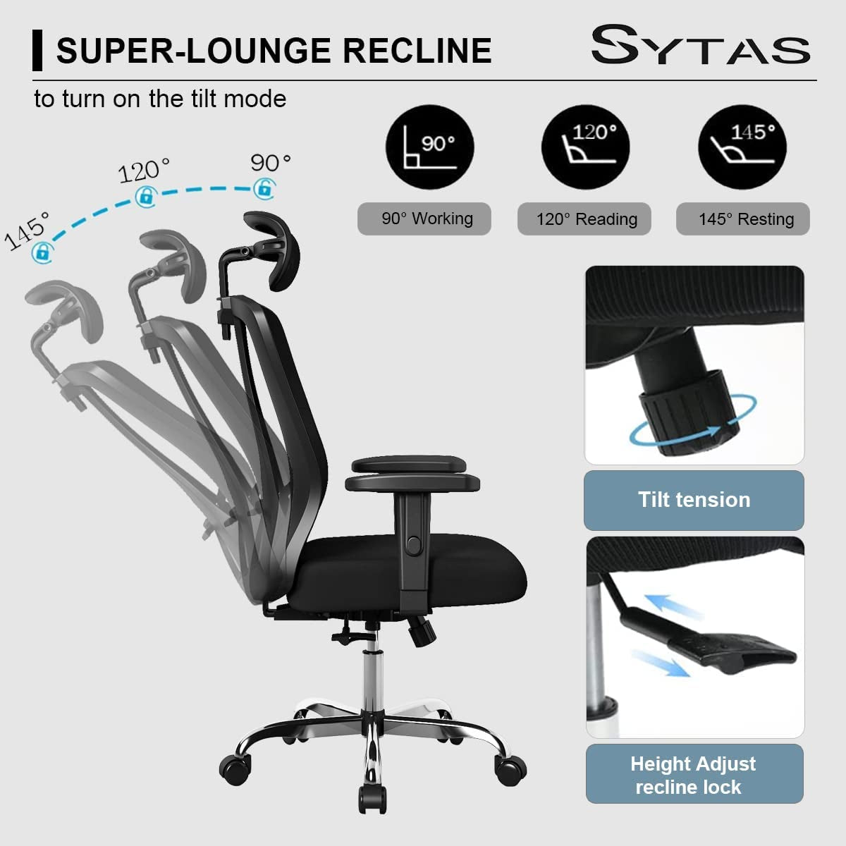 Ergonomic Office Chair - A Home Office Desk Chair with Lumbar Support, Adjustable Headrest, High Back, Mesh Design, Thickened Cushion, and 90°-145° Tilt Function, All in a Sleek Black Finish.