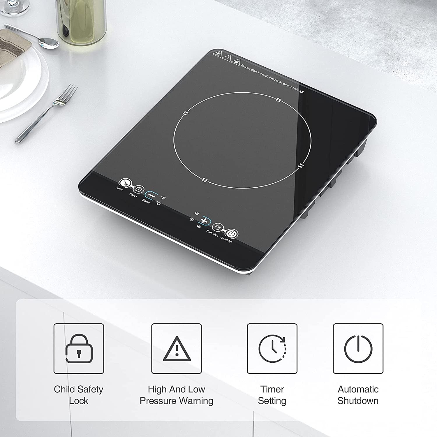 1800W Portable Induction Cooktop - Single Countertop Electric Cooktop with 9 Temperature & Power Levels, 3-Hour Timer, Safety Lock, Ultra-Thin Design, and Low Noise Operation.