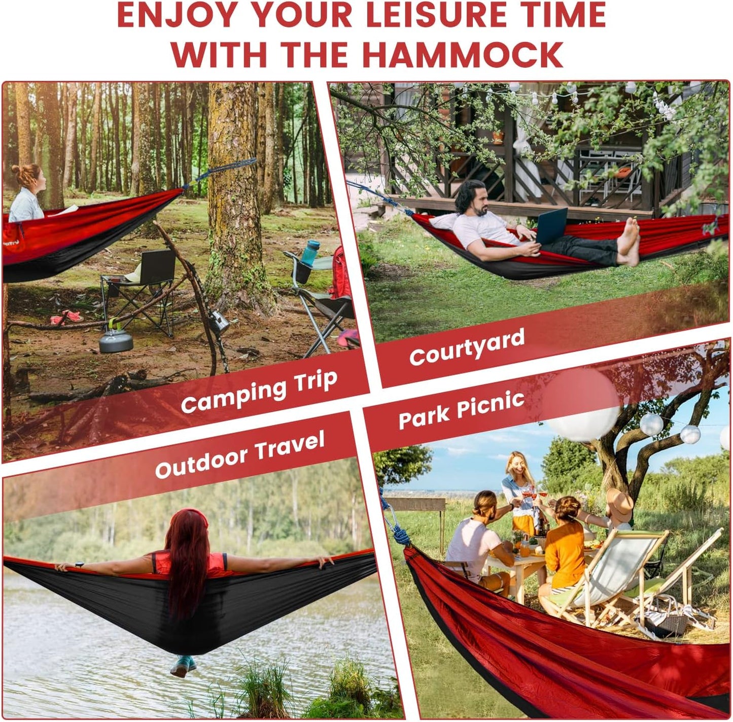 Single & Double Camping Hammock - Nylon Hammock with 660lbs Weight Capacity, Includes 2 Tree Ropes and 2 Metal Hooks, Portable and Lightweight, Ideal for Camping, Backpacking, Travel, Beach, Garden, and Courtyard.