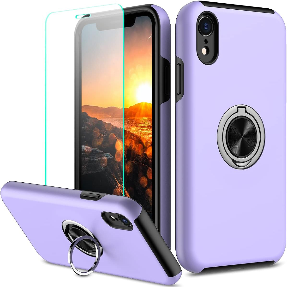 iPhone XR Case with Screen Protector, Purple, Dual Layer Heavy Duty Protective Shockproof Cover with Built-in Ring Holder Kickstand Magnetic Slim Case.