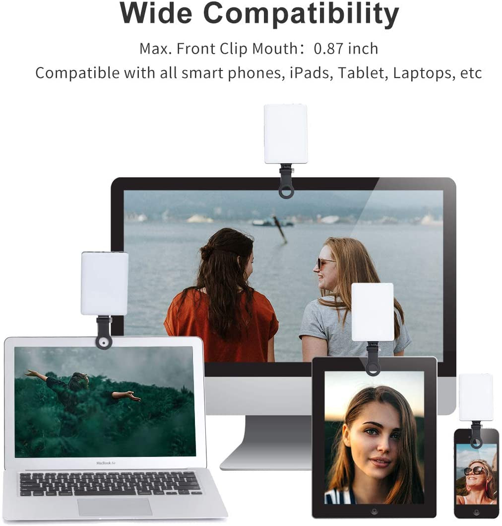 High Power 60 LED Rechargeable Clip Fill Video Light with Front & Back Clip - Adjustable 3 Light Modes for Phone, iPhone, Android, iPad, Laptop - Ideal for Makeup, Vlogging, TikTok, and Video Conferencing