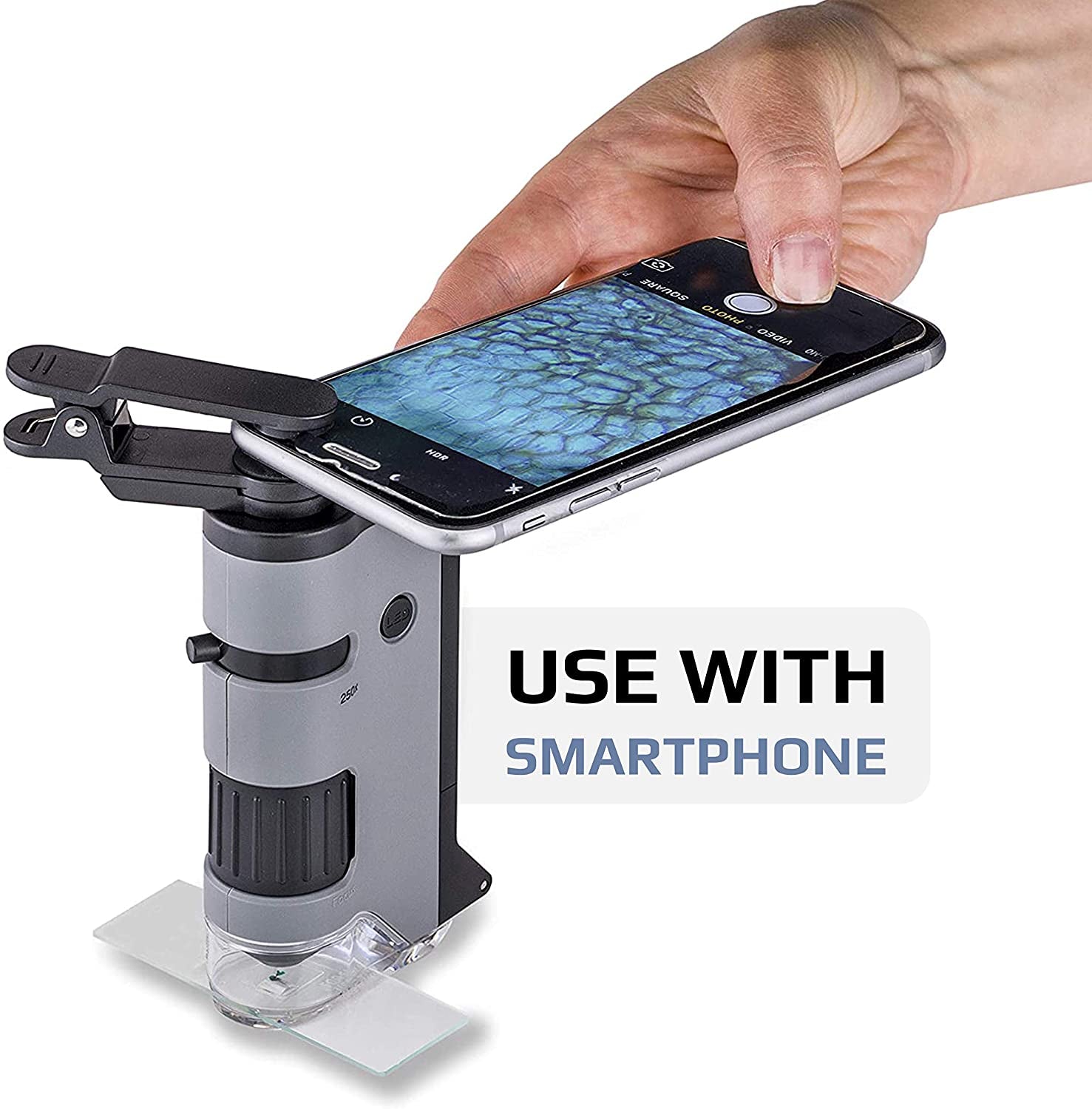 Pocket Microscope Microflip with LED and UV Light, 100X-250X Magnification, Flip Down Slide Base, and Smartphone Digiscoping Clip