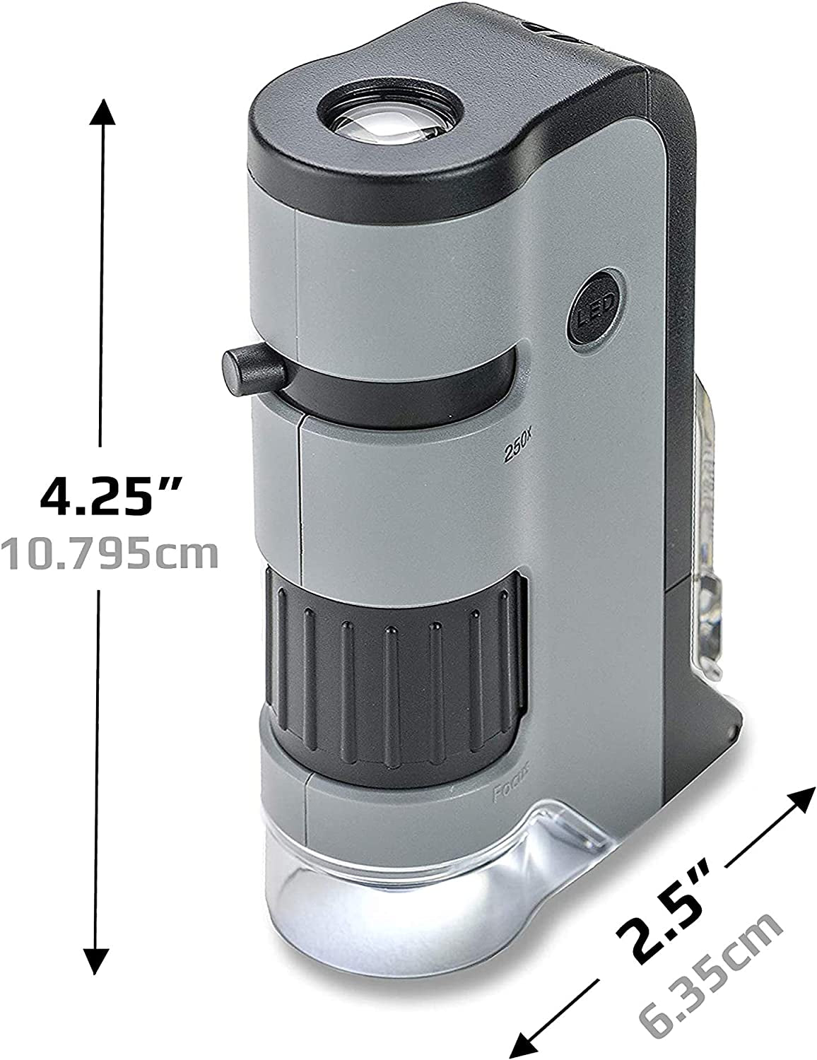 Pocket Microscope Microflip with LED and UV Light, 100X-250X Magnification, Flip Down Slide Base, and Smartphone Digiscoping Clip
