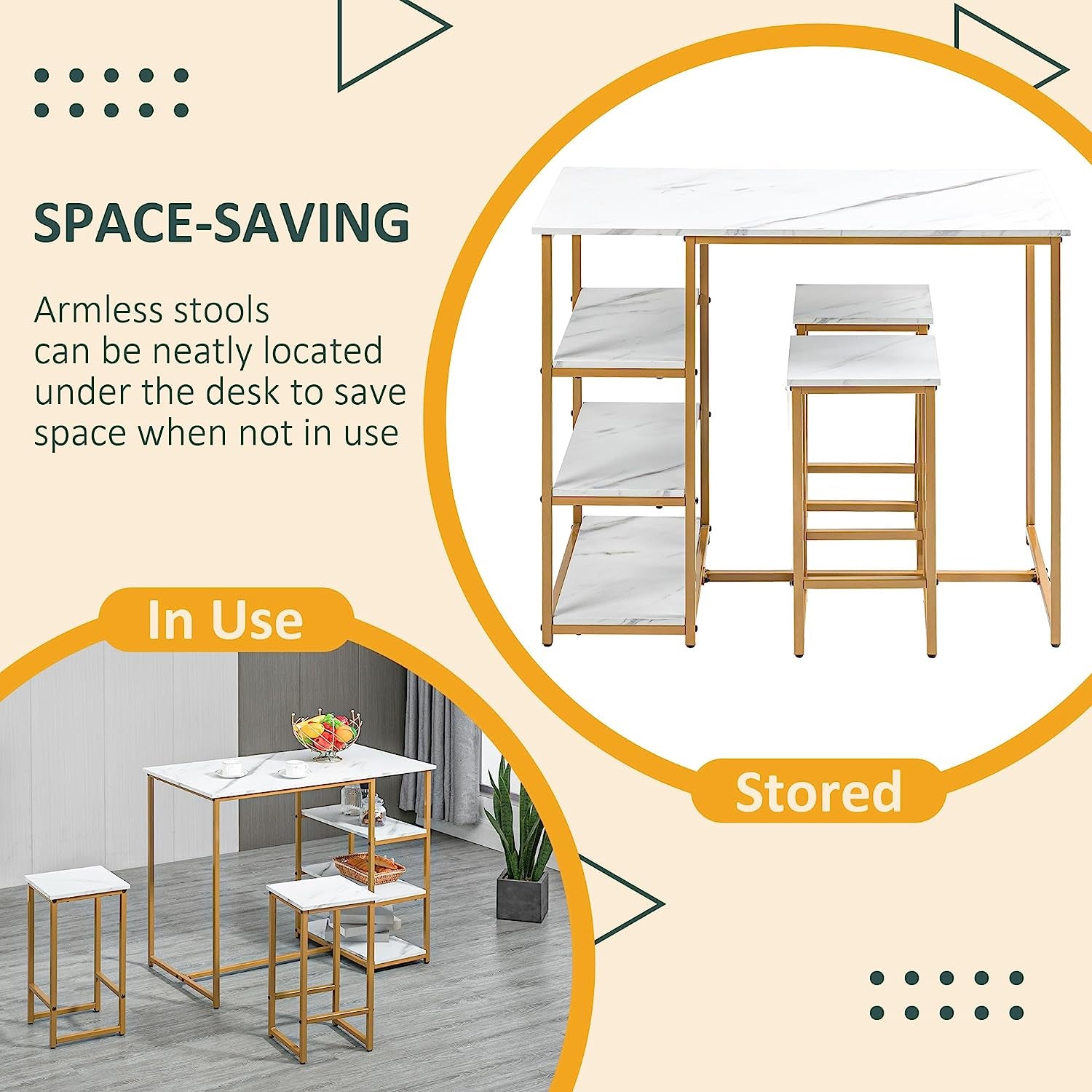 3 Piece Bar Table Set with 2 Stools, Ideal for Small Spaces, Featuring Storage Shelves and White Faux Marble Design