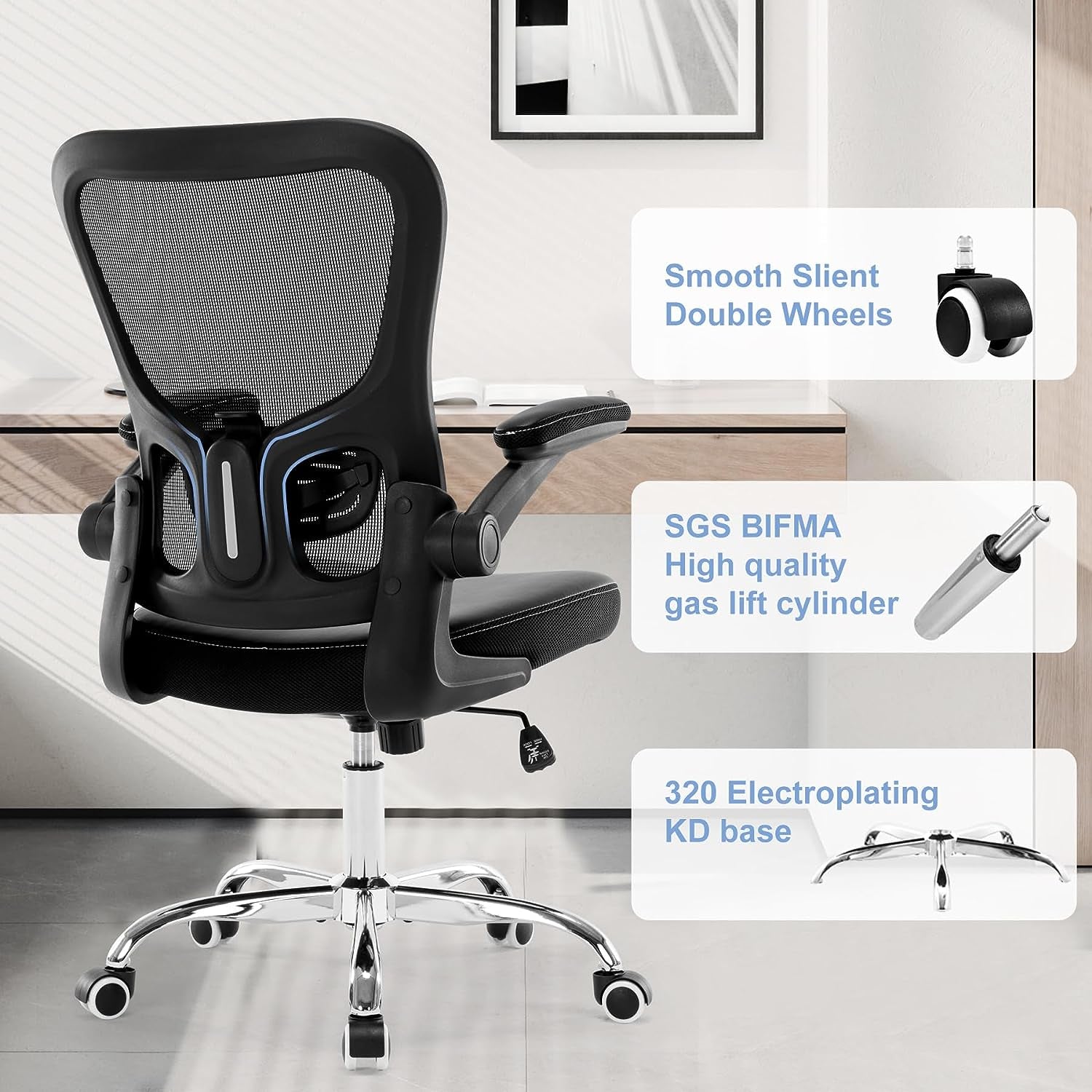 Ergonomic Office Chair - Mesh Mid-Back Design - Features Flip-Up Armrests - Adjustable Height - Equipped with PU Cushion - Suitable for Home and Computer Use - Color: Black.