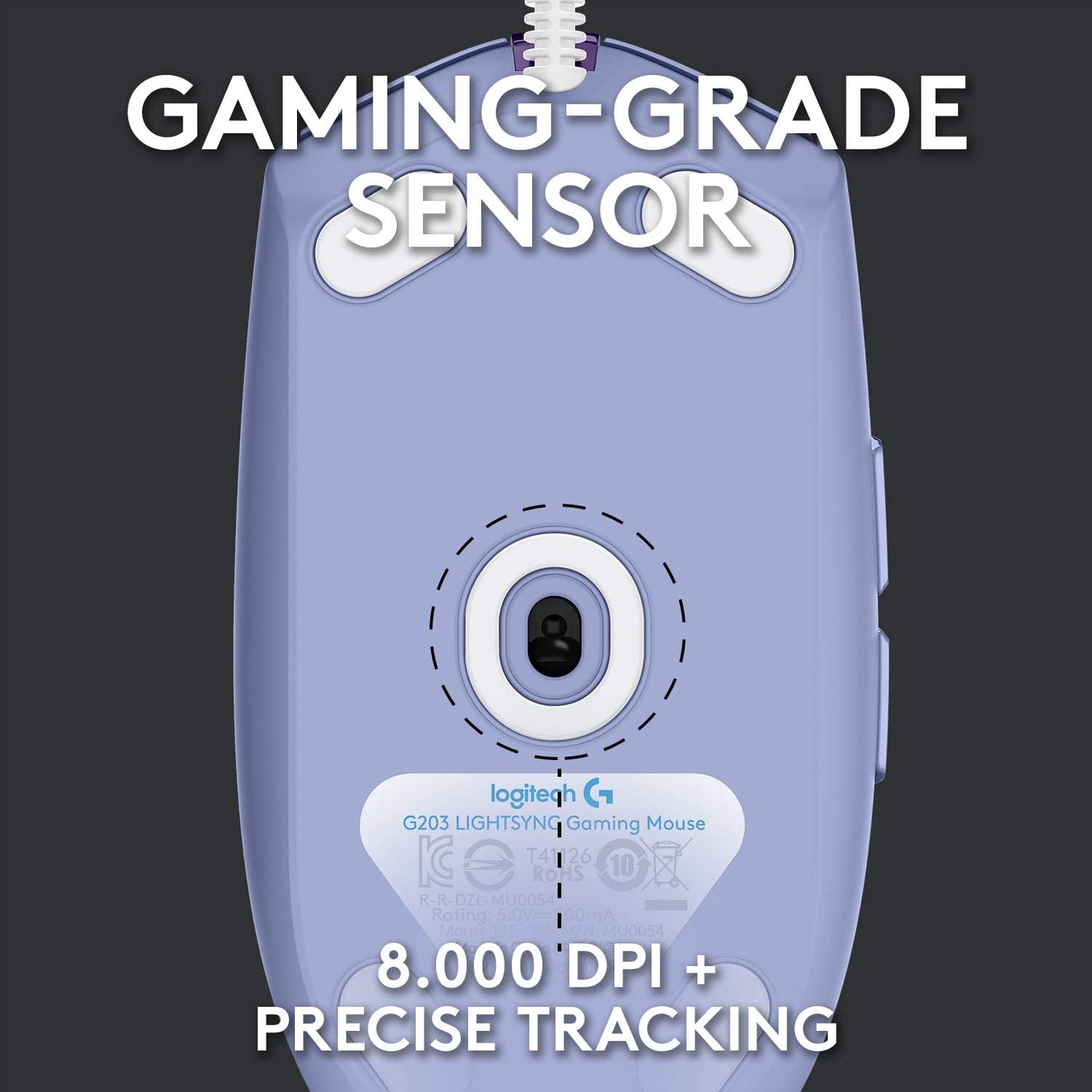 Wired Gaming Mouse 203: 8,000 DPI, Rainbow Optical Effect LIGHTSYNC RGB. Features 6 Programmable Buttons, On-Board Memory, and Screen Mapping. Compatible with PC/Mac Computer and Laptop. Available in Lilac.