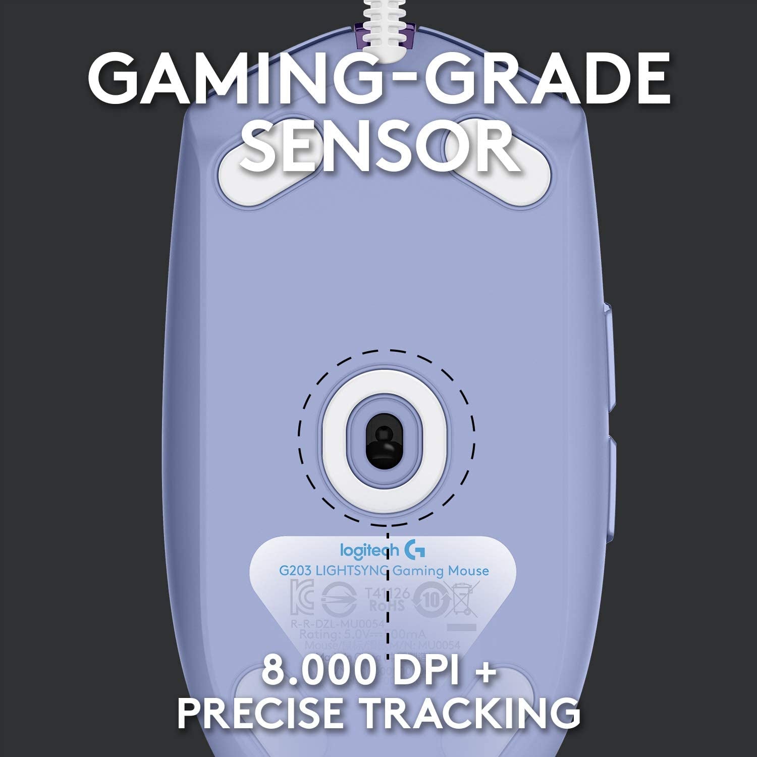 Wired Gaming Mouse 203: 8,000 DPI, Rainbow Optical Effect LIGHTSYNC RGB. Features 6 Programmable Buttons, On-Board Memory, and Screen Mapping. Compatible with PC/Mac Computer and Laptop. Available in Lilac.