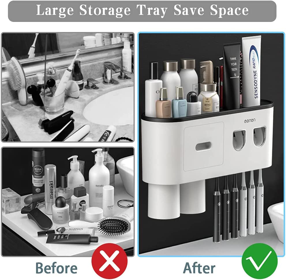 Bathroom Toothbrush Holder Kit: Wall Mounted with Double Automatic Toothpaste Dispensers, 6 Brush Slots, 1 Cosmetic Drawer Organizer, 1 Large Storage Tray, and 3 Black Cups