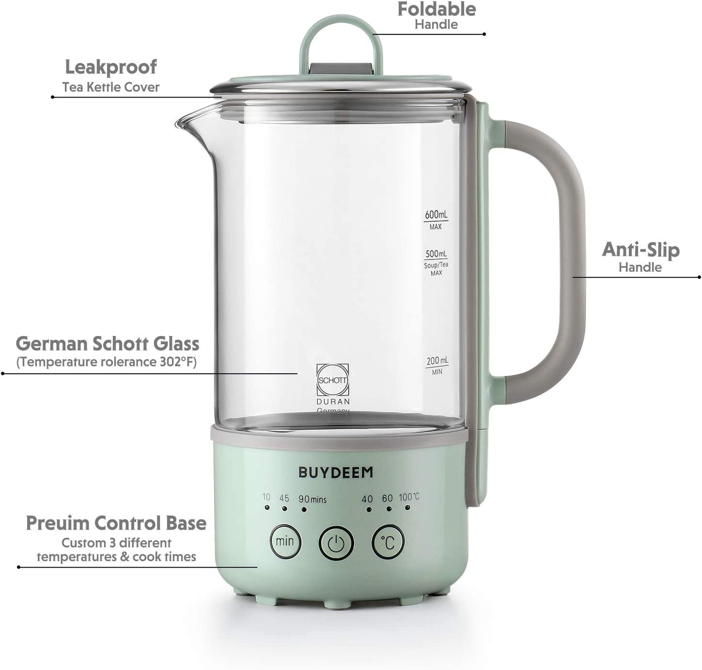 Travel Electric Kettle - Mini Healthy-Care Beverage Kettle - Designed with German Schott Glass and Durable Pro 18/10 Stainless Steel - Capacity: 0.6L - Color: Cozy Greenish.