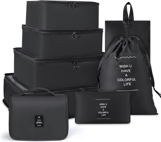 Set of 8 Waterproof Travel Organizer Packing Cubes - Foldable Compression Cubes for Carry-On Luggage - Includes Hanging Toiletry Bag, Shoe Bag, and Laundry Bag - Color: Black