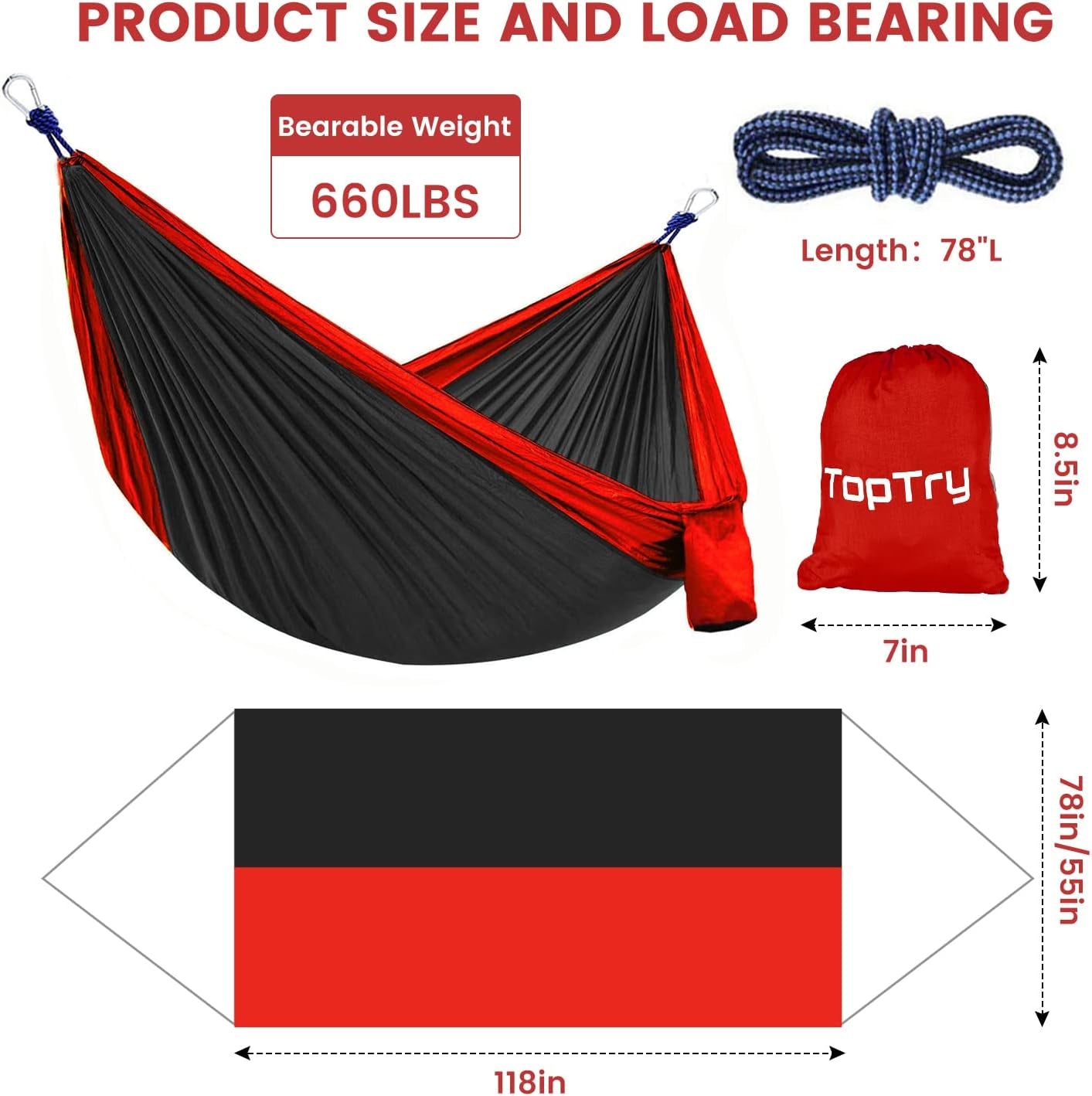 Single & Double Camping Hammock - Nylon Hammock with 660lbs Weight Capacity, Includes 2 Tree Ropes and 2 Metal Hooks, Portable and Lightweight, Ideal for Camping, Backpacking, Travel, Beach, Garden, and Courtyard.