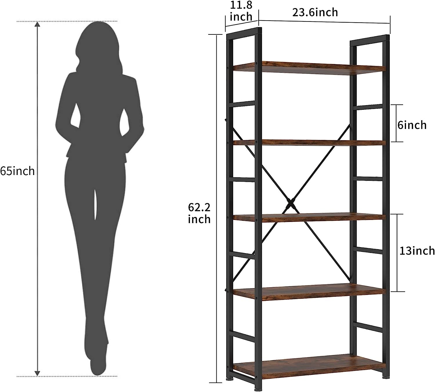 Rustic 5-Tier Industrial Bookshelf - 24x11.8x63 inches, Wood and Metal, Open Shelves, Living Room, Bedroom.