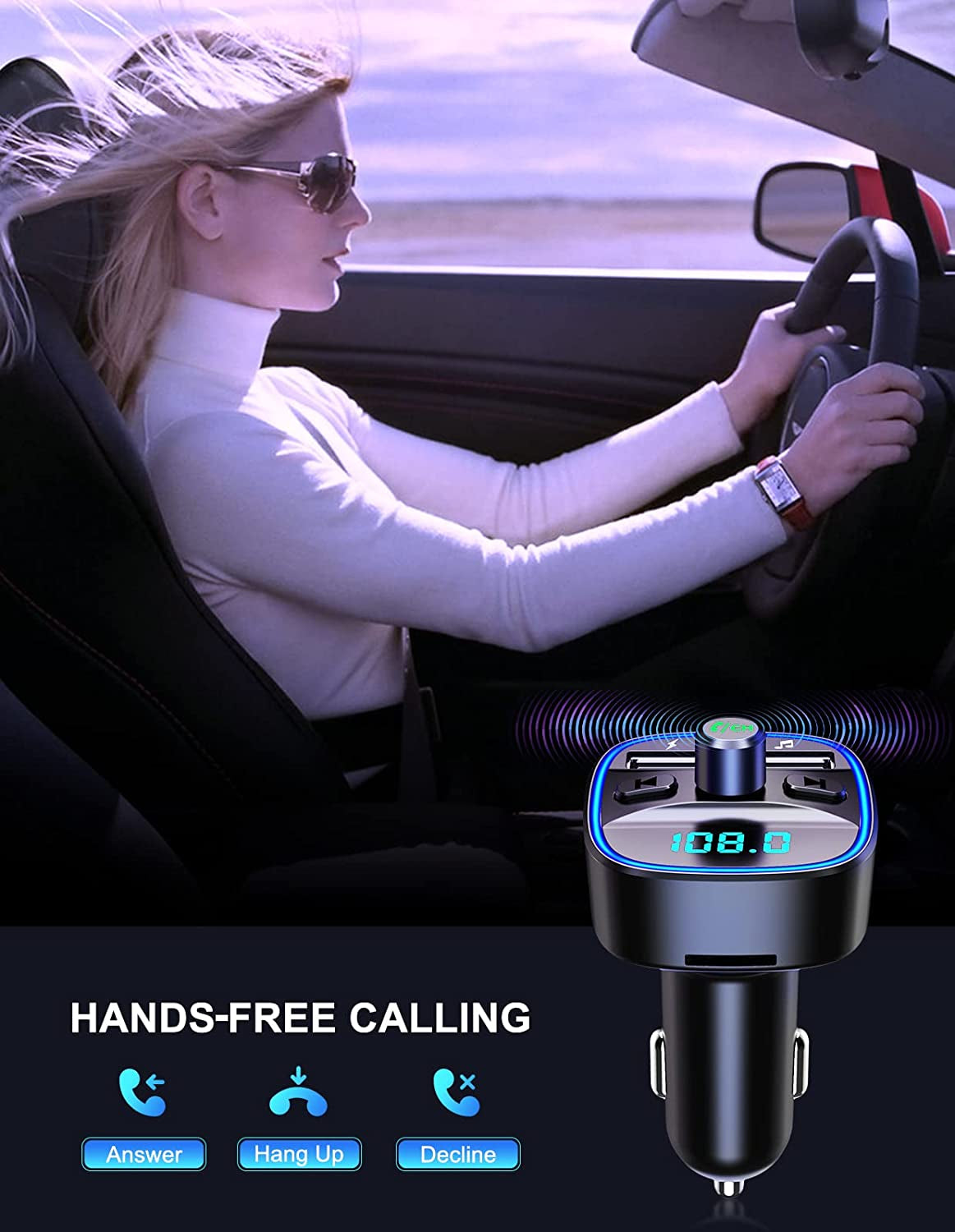 Bluetooth 5.0 FM Transmitter with Ambient Light, Dual USB Ports, Hands-Free Calling, and SD Card/USB U-Disk Support