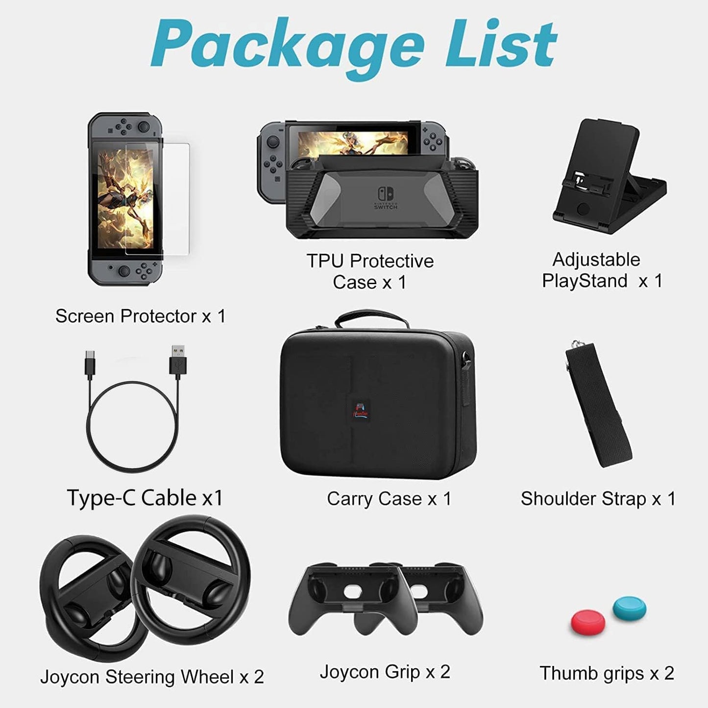 Comprehensive Nintendo Switch Carrying Case and Accessory Bundle - 12-in-1 Set with Protective Case, Screen Protector, PlayStand, Joycon Grip, and More (Black)