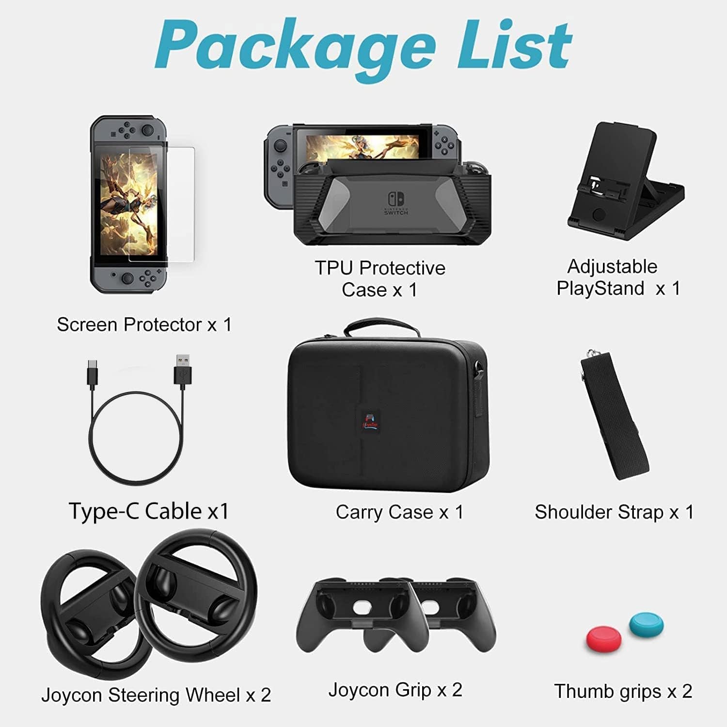 Comprehensive Nintendo Switch Carrying Case and Accessory Bundle - 12-in-1 Set with Protective Case, Screen Protector, PlayStand, Joycon Grip, and More (Black)