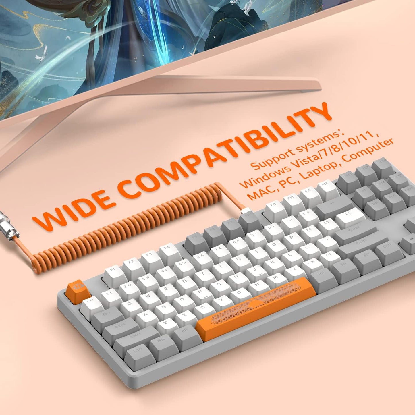AK873 75% Wired Gaming Keyboard - Hot-Swap Blue Switch, PBT Keycaps, Rainbow LED Backlighting. TKL Ergonomic Mechanical Keyboard with Custom Coiled USB-C Cable for PC, Mac, PS4, Xbox Gamers Grey White