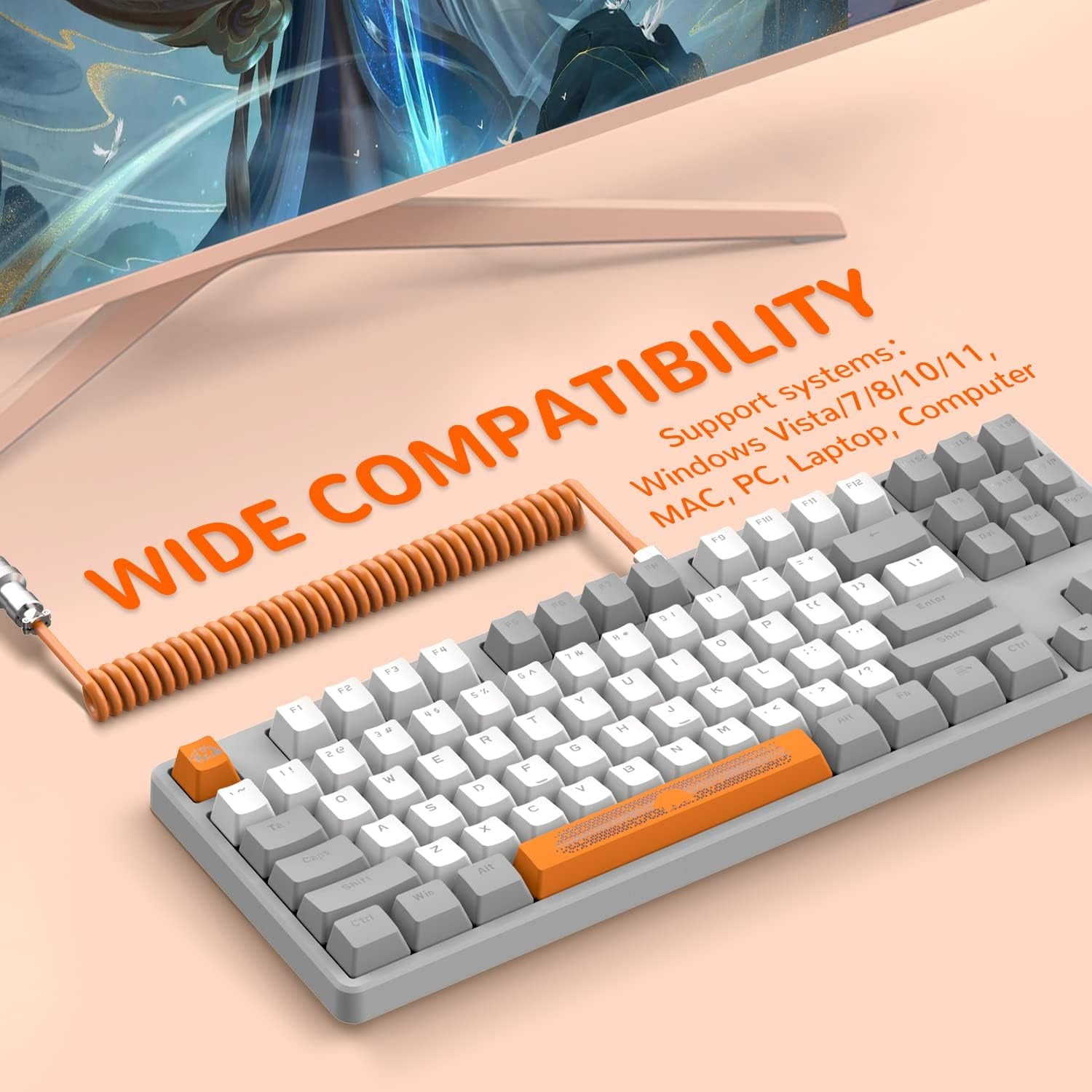 AK873 75% Wired Gaming Keyboard - Hot-Swap Blue Switch, PBT Keycaps, Rainbow LED Backlighting. TKL Ergonomic Mechanical Keyboard with Custom Coiled USB-C Cable for PC, Mac, PS4, Xbox Gamers Grey White