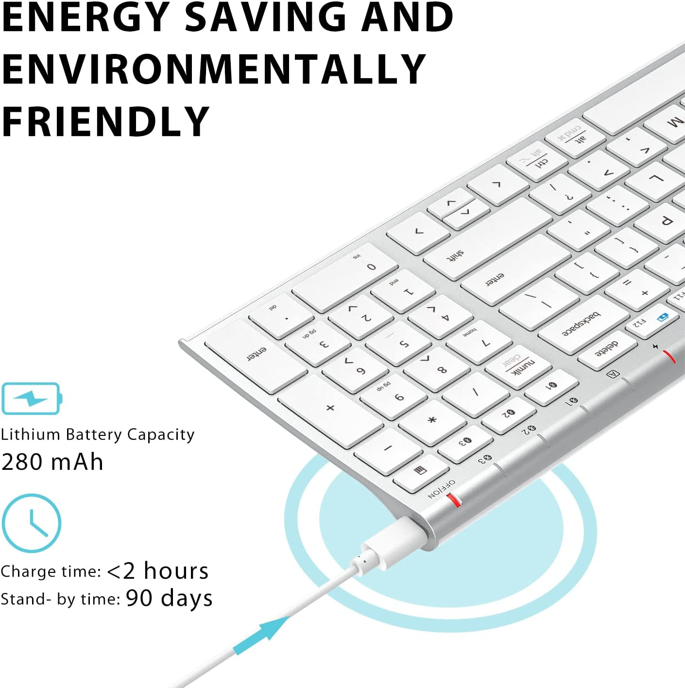 Bluetooth Keyboard: Rechargeable Multi-Device Keyboard with Number Pad, Full Size Ergonomic Design and Stable Bluetooth 5.1 Connection for iPad, iPhone, Mac, iOS, Android, and Windows