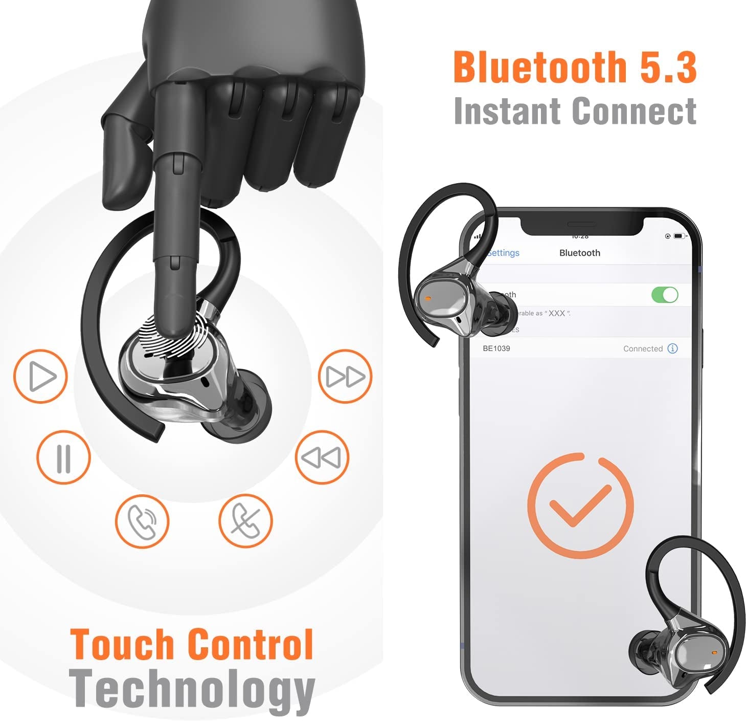 Mini Bluetooth Earbuds with Earhooks - Wireless Earbuds for Small Ears, Microphone Included, IPX7 Waterproof, 24-Hour Playtime, Ideal Wireless Earphones for Sports and Workouts