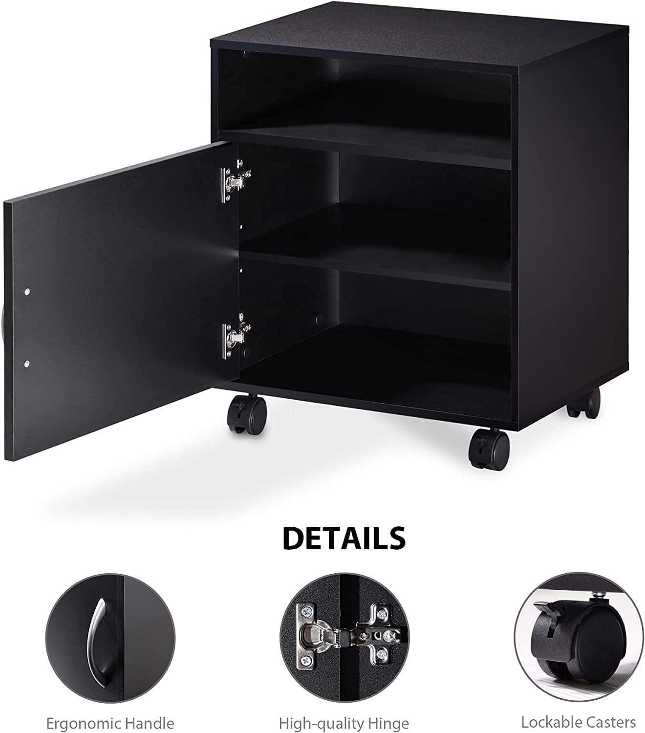 Black Wood Rolling File Cabinet: Printer Stand with Adjustable Storage, Mobile Work Cart on Wheels for Home Office