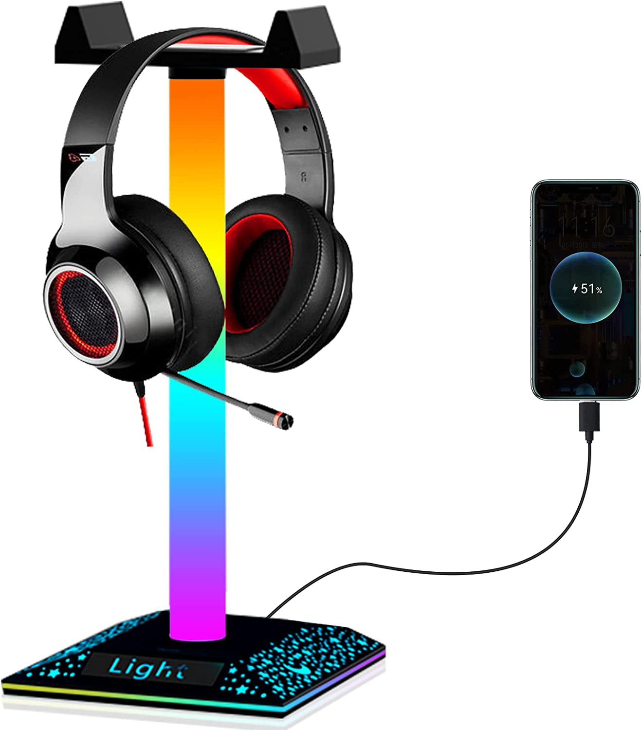 RGB Gaming Headphone Stand Light with USB Port - Ideal Desktop PC Gaming Stand Light for Gaming Headset Accessories - Great Gift for Husband, Kids, Boyfriend