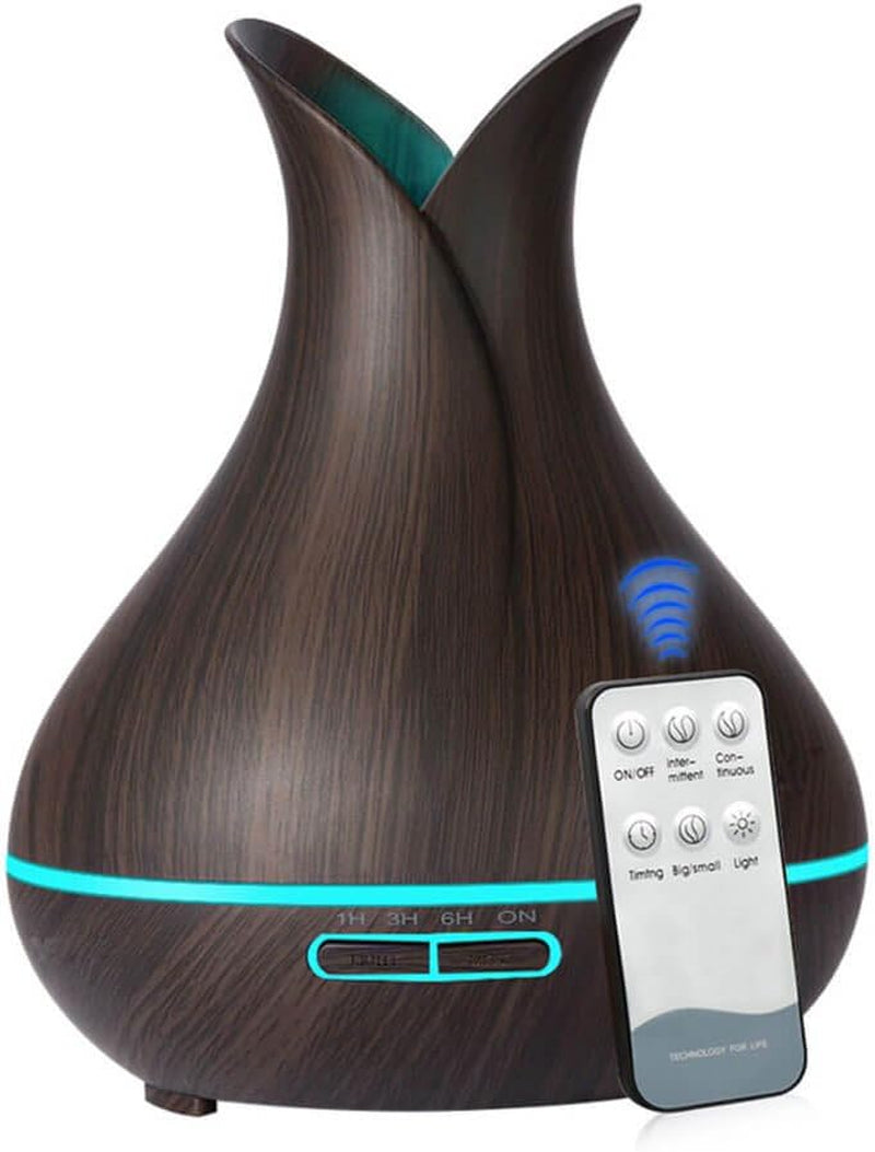 400ML Remote Control Essential Oil Diffuser: Ultrasonic Aromatherapy, Large Room Coverage. Wood Grain Cool Mist Humidifier, Quiet, Lasts Full Day/Night. Perfect for Home, Office, Spa, Baby & Kids' Room (Dark Wood).