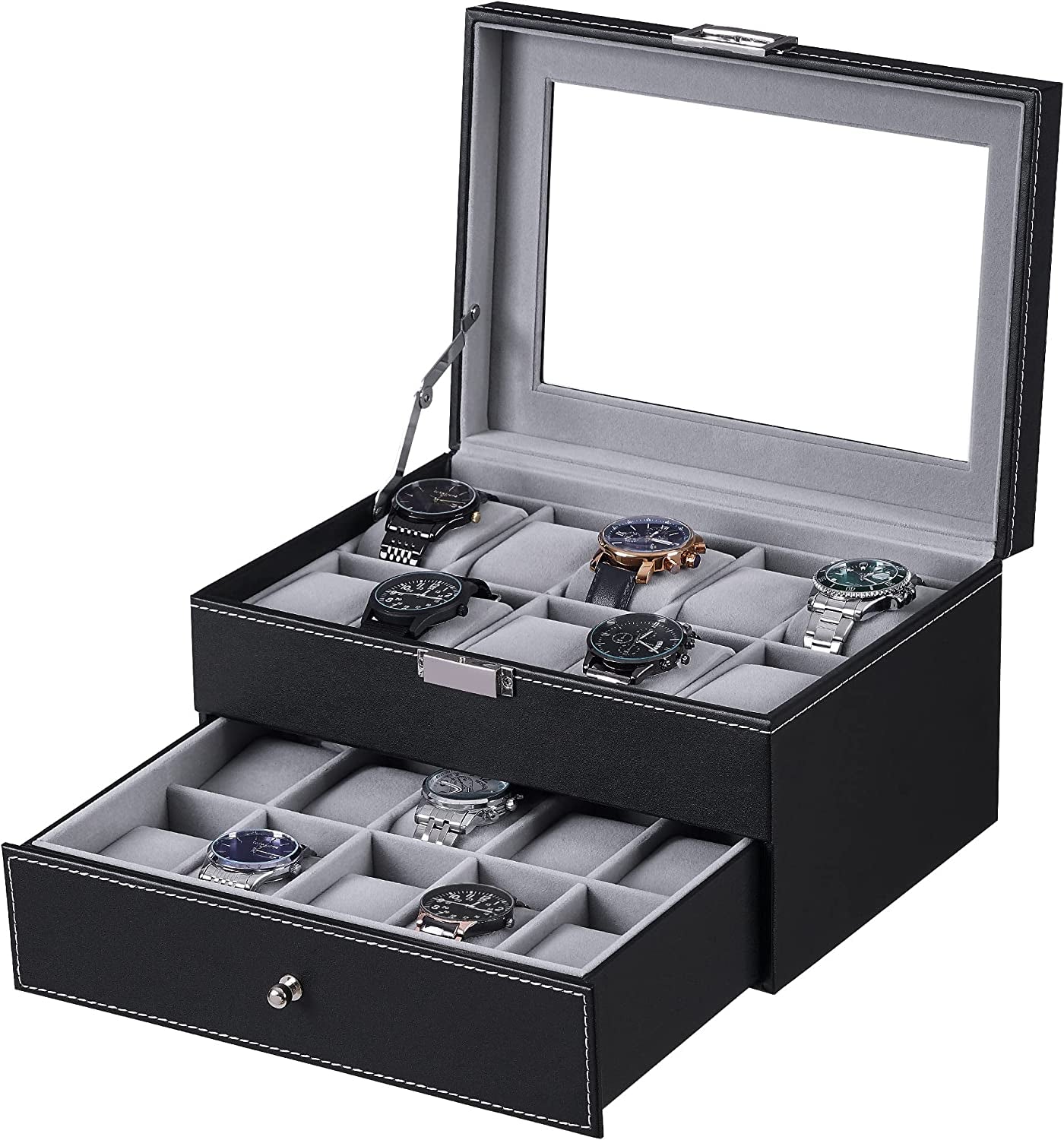 20 Men's Watch Display Storage Case with Metal Hinge, Black PU Leather, Glass Top, and Large Holder 