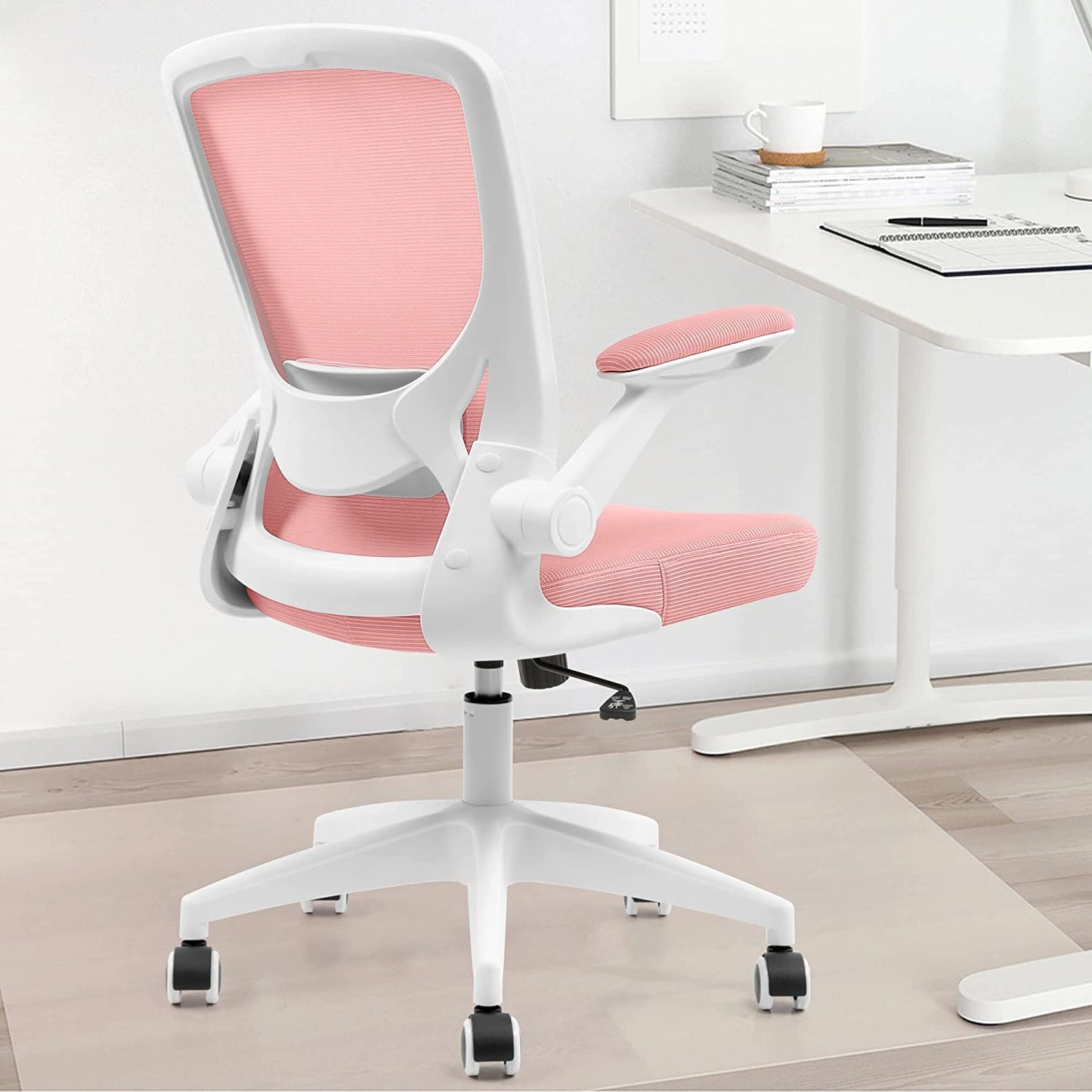 Breathable Mesh Ergonomic Office Chair - Lumbar Support Computer Chair with Wheels and Flip-up Arms, Swivel Task Chair, Adjustable Height Home Gaming Chair (Pink)