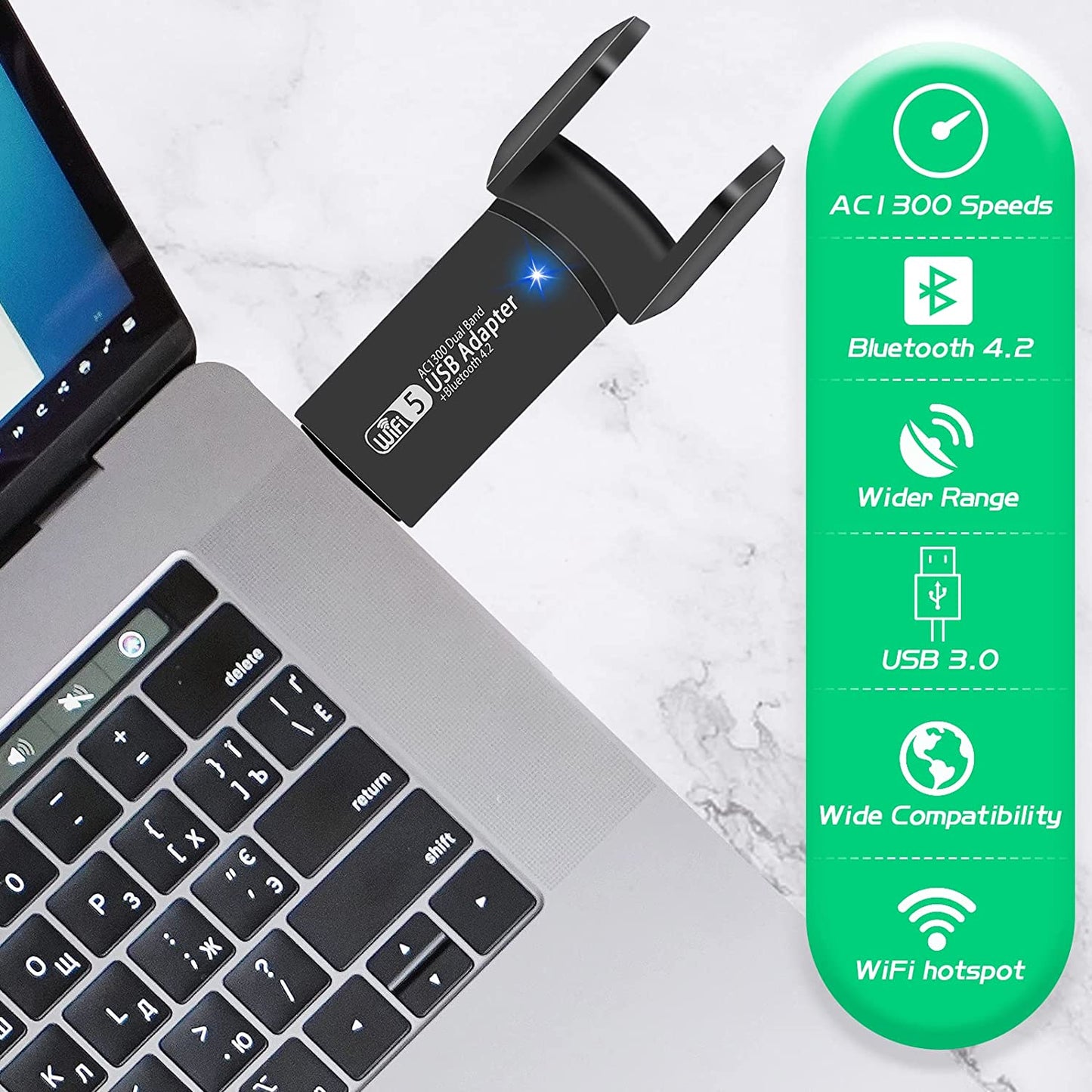 Dual-Band USB WiFi Bluetooth Adapter: Achieve Speeds of up to 1300Mbps on 2.4GHz and 5GHz Frequencies. This Compact Wireless Network External Receiver serves as a Mini WiFi Dongle for PC, Laptop, and Desktop Devices.