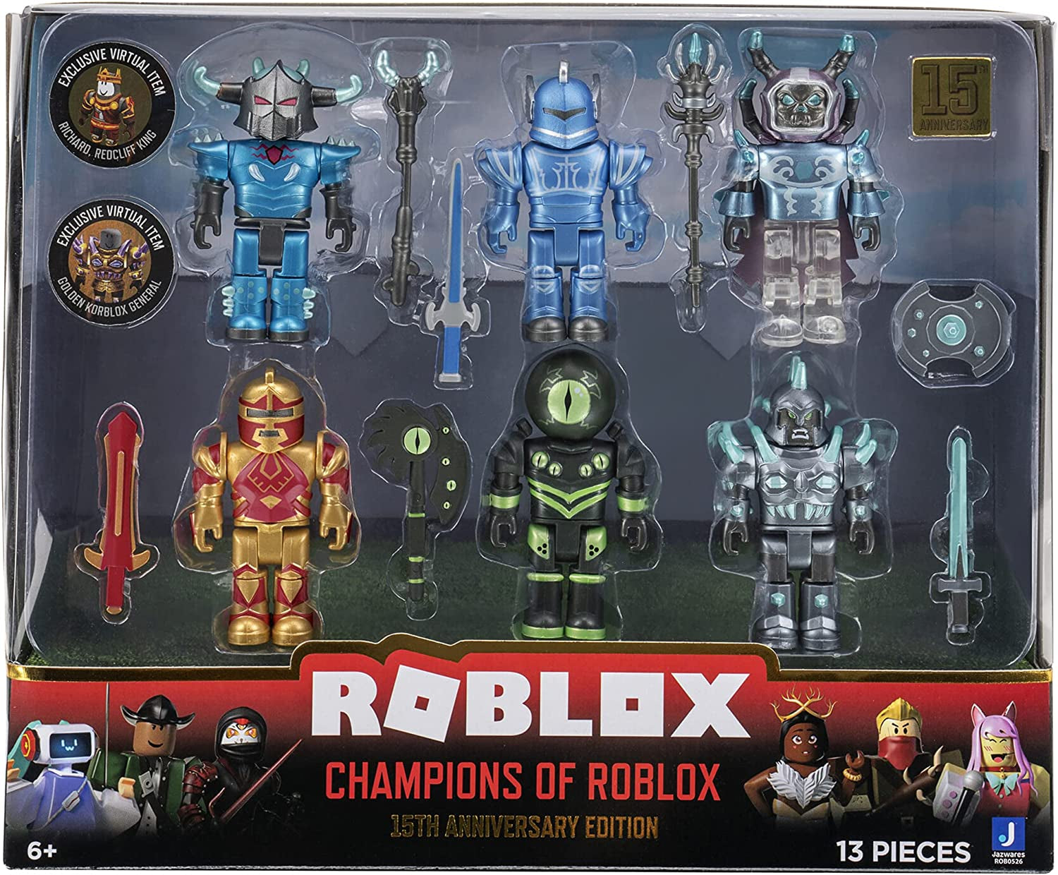Roblox Action Collection - Champions of Roblox 15th Anniversary Gold Six Figure Pack, Includes Exclusive Virtual Item.