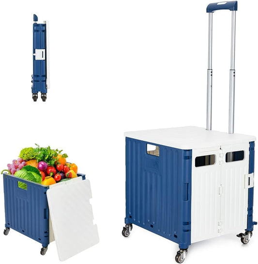 Foldable Utility Cart with Lid - A 50L Folding, Portable Rolling Crate Handcart equipped with a Heavy-Duty Collapsible Basket, Telescoping Handle, and 4 Rotating Wheels. Ideal for Office, Shopping, Camping, Travel, and Moving. Available in Blue and White.