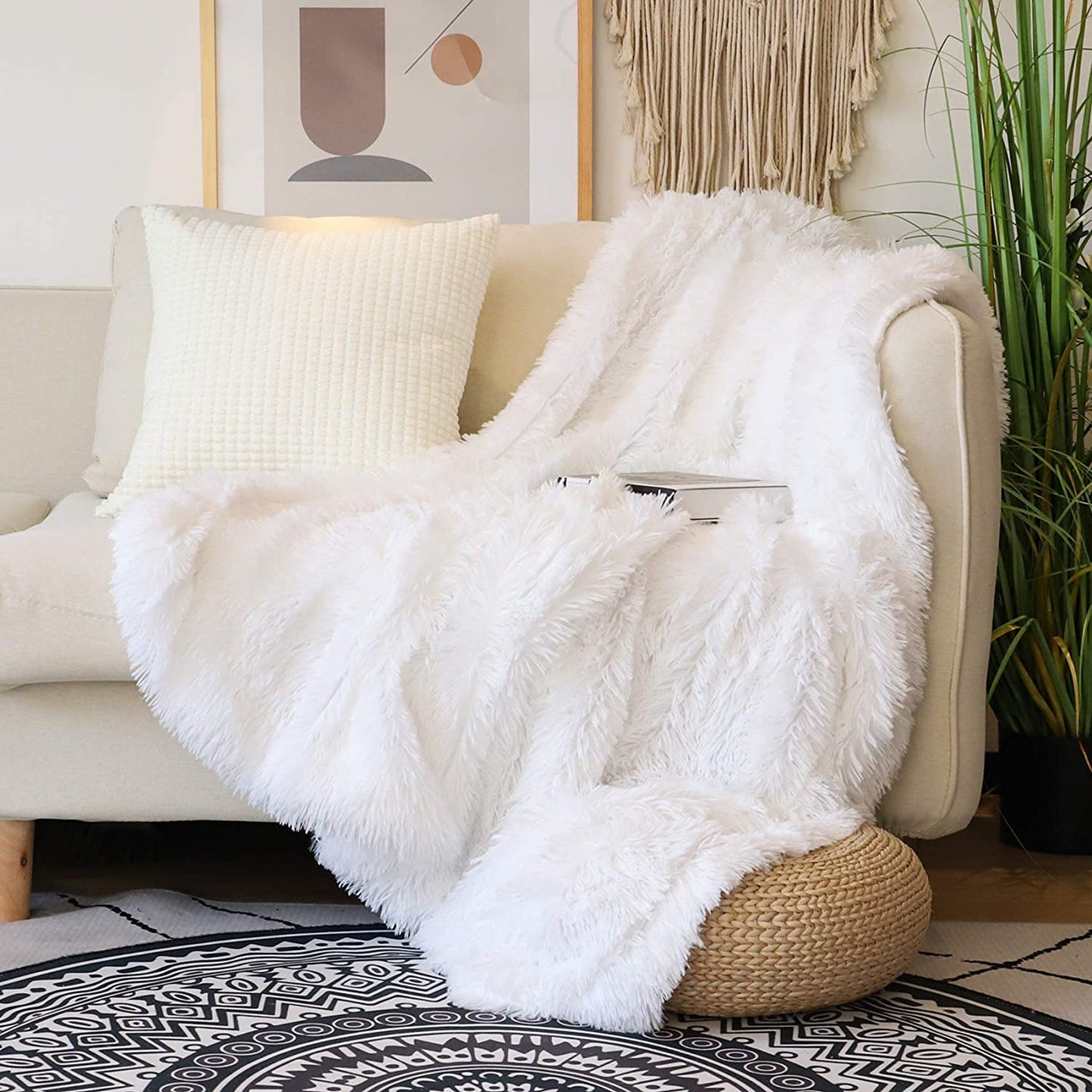 White Fluffy Throw Blanket - Perfect for Couches and Beds. This Soft Faux Fur Blanket is Comfy, Shaggy, Cozy, and Measures 50x60 inches.