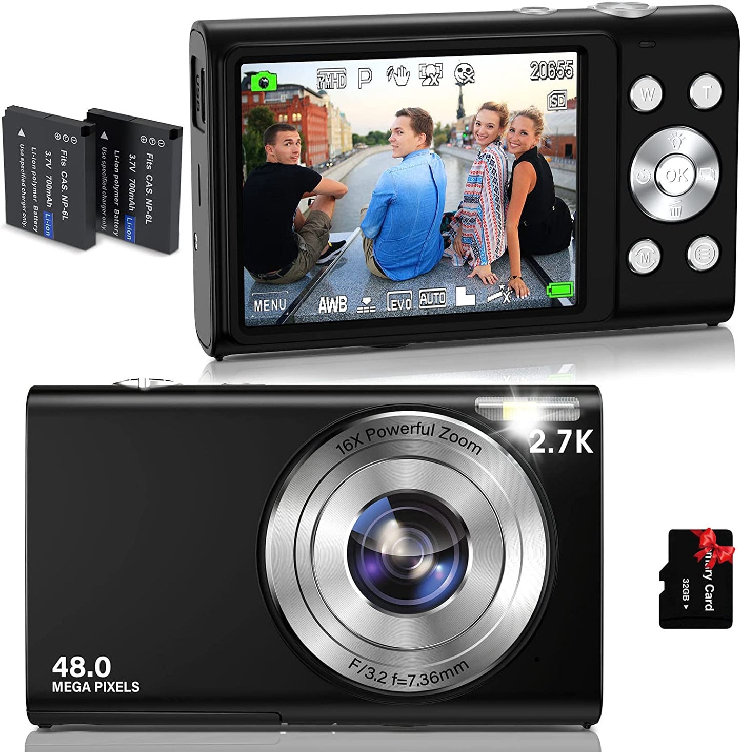 Portable Mini Compact Digital Camera Auto Focus HD 2.7K Vlogging Camera with 48MP, 16X Digital Zoom, 32GB Memory Card, 2 Batteries - Perfect for Kids, Teens, Adults, and Beginners for YouTube and More