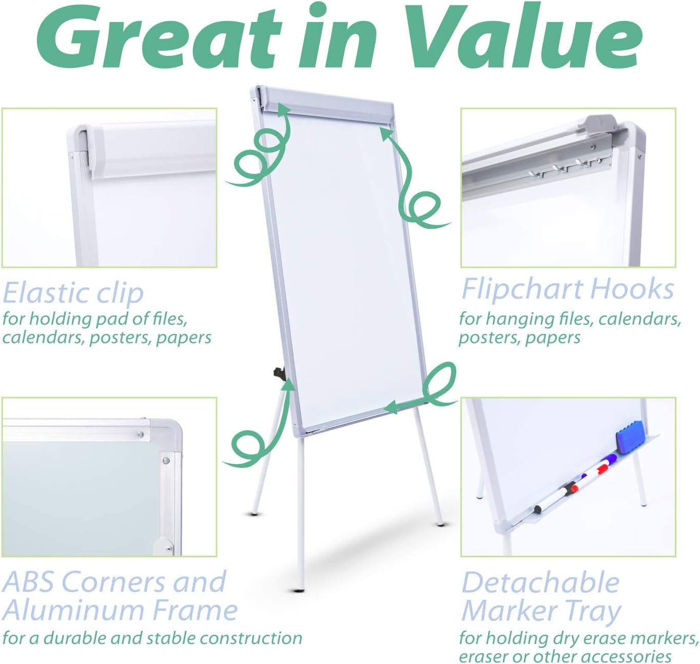 36x24 inch Magnetic Tripod Dry Erase Board - Adjustable Height Stand Flipchart Easel with Accessories, Ideal for Office Use