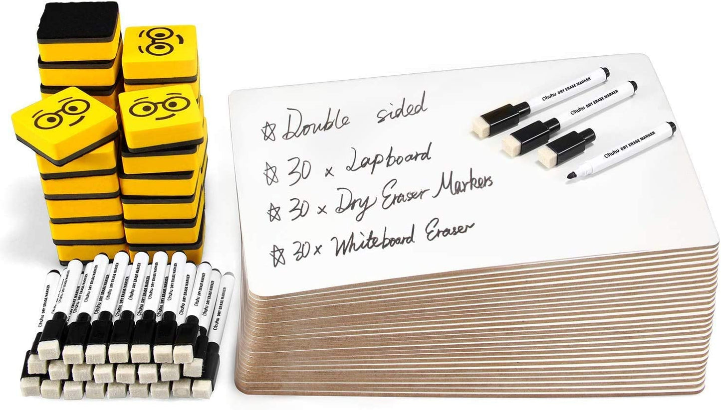 30-Pack Double Sided Dry Erase Lap Boards - 9 x 12 Inch Small Classroom Whiteboards Set Including Lap Boards, Markers, and Erasers - Individual Mini White Boards for Back to School Supplies